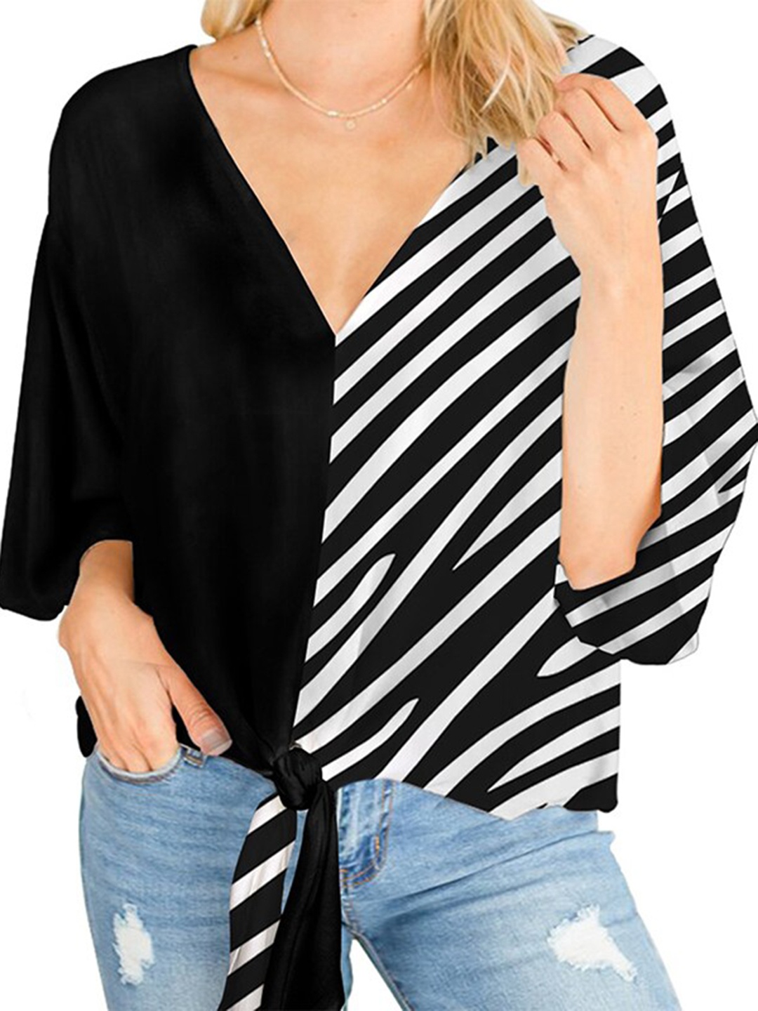 

StyleCast x Revolte Black V Neck Striped Kimono Sleeve Top