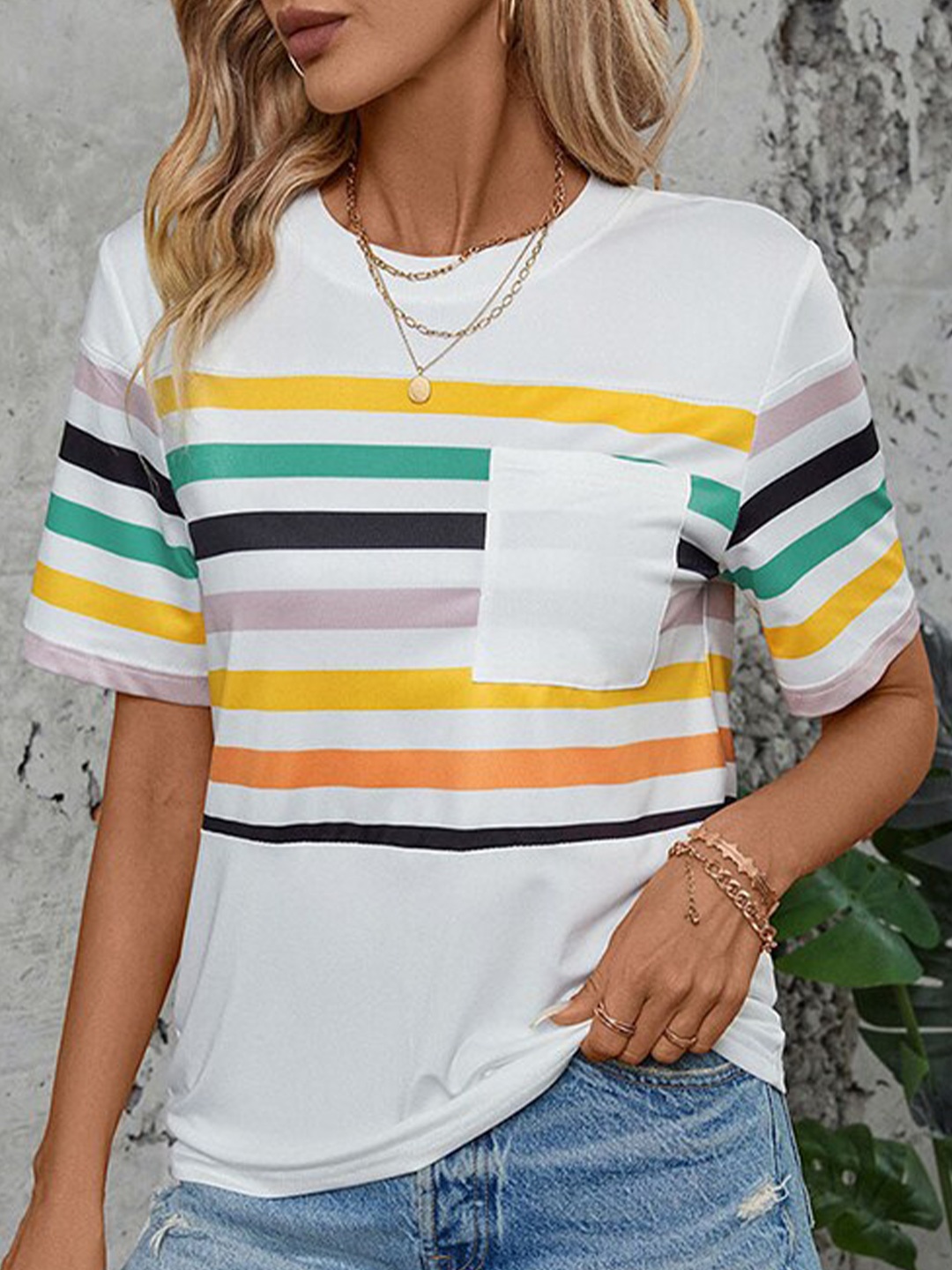 

StyleCast x Revolte Striped Round Neck Top, White