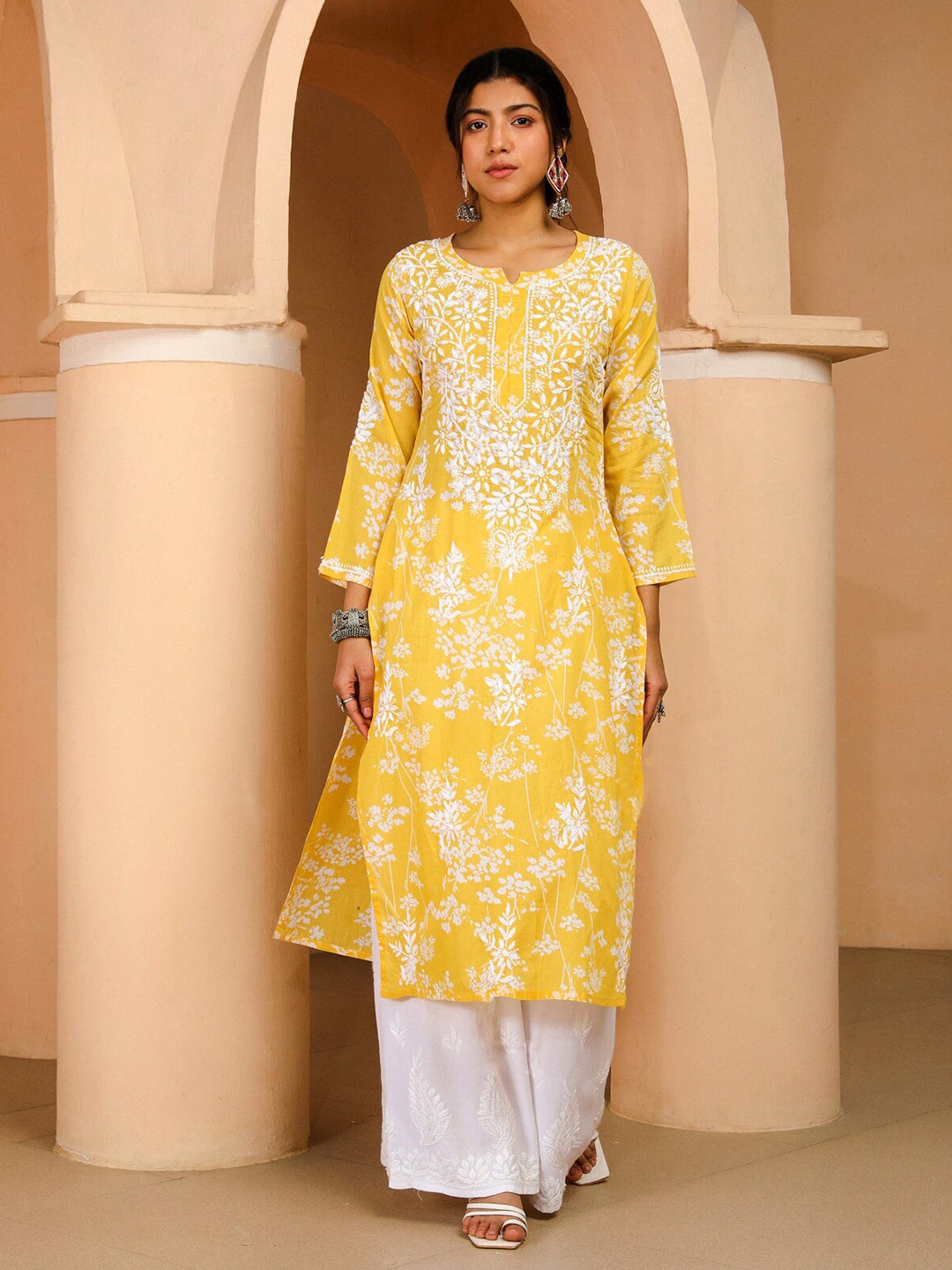 

KALINI Floral Printed Chikankari Cotton Kurta, Yellow