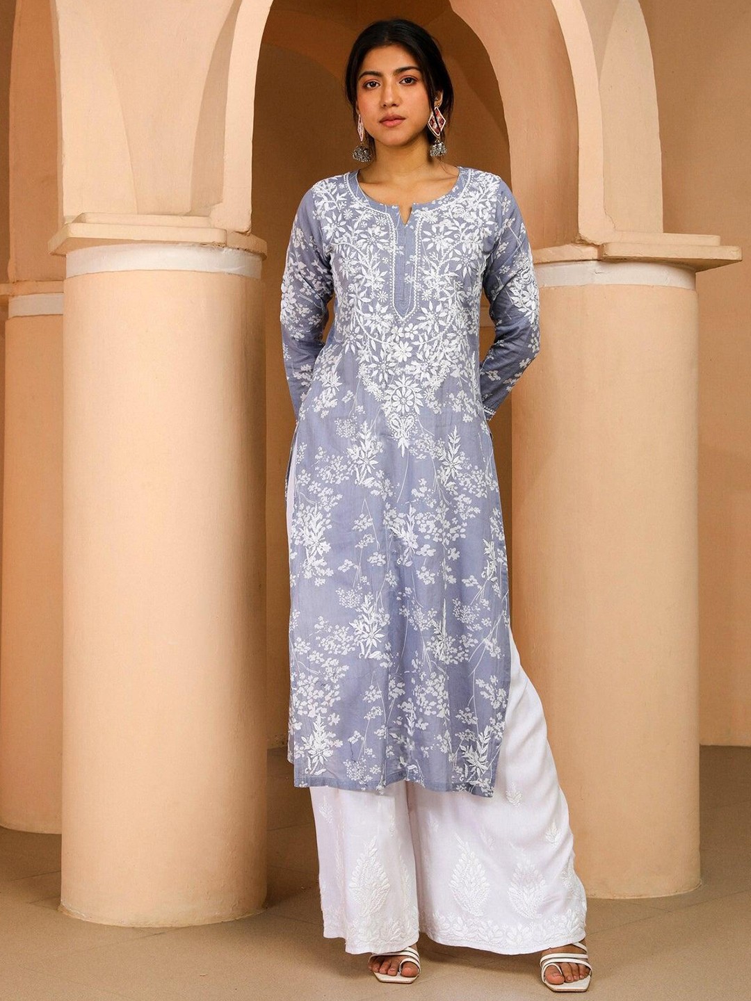 

KALINI Floral Printed Chikankari Cotton Kurta, Grey