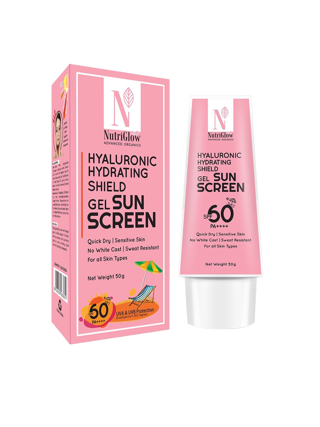 

Nutriglow Advanced Organics Hyaluronic Hydrating Shield Gel Sunscreen With SPF 60 PA++++, White