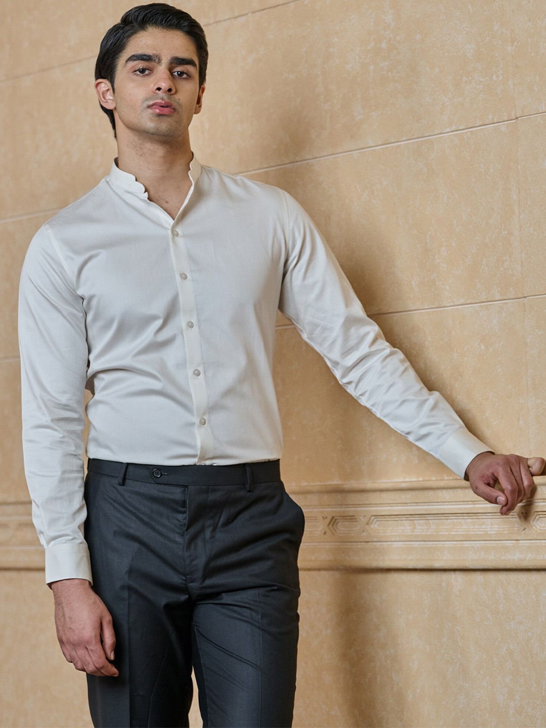 

Tasva Mandarin Collar Cotton Long Sleeves Party Shirt, Cream