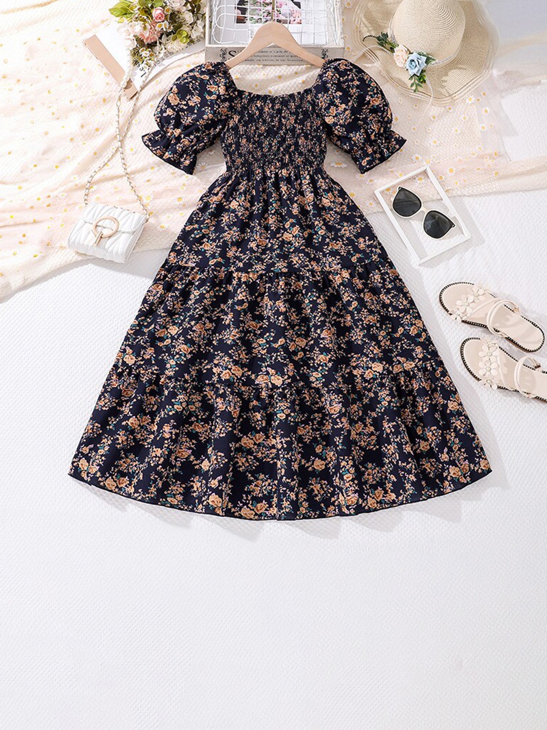 

StyleCast x Revolte Girls Printed Puff Sleeves Smocked Tiered Fit & Flare Maxi Dress, Black