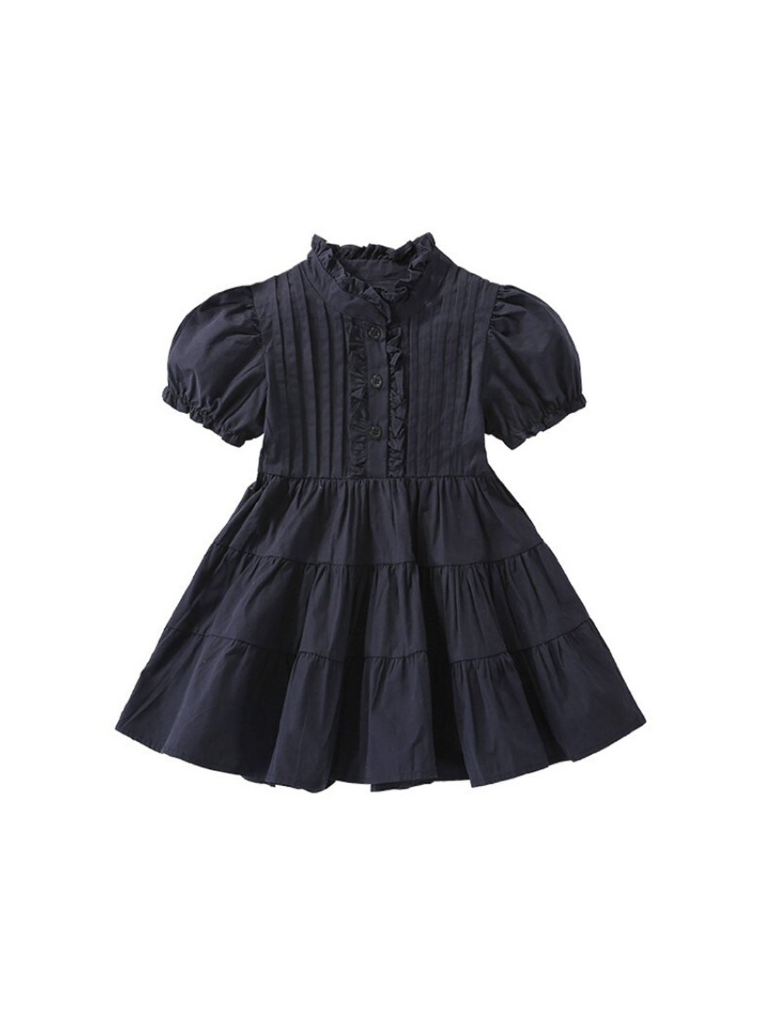 

StyleCast x Revolte Girls High Neck Puff Sleeves Cotton Tiered Tiered Fit & Flare Dress, Navy blue