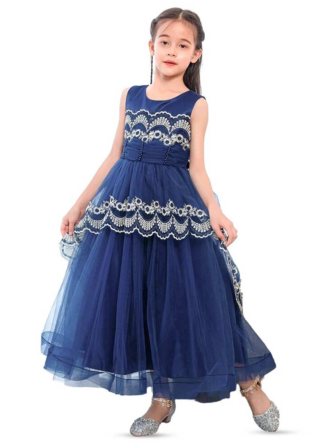 

StyleCast x Revolte Blue Printed Applique Maxi Dress