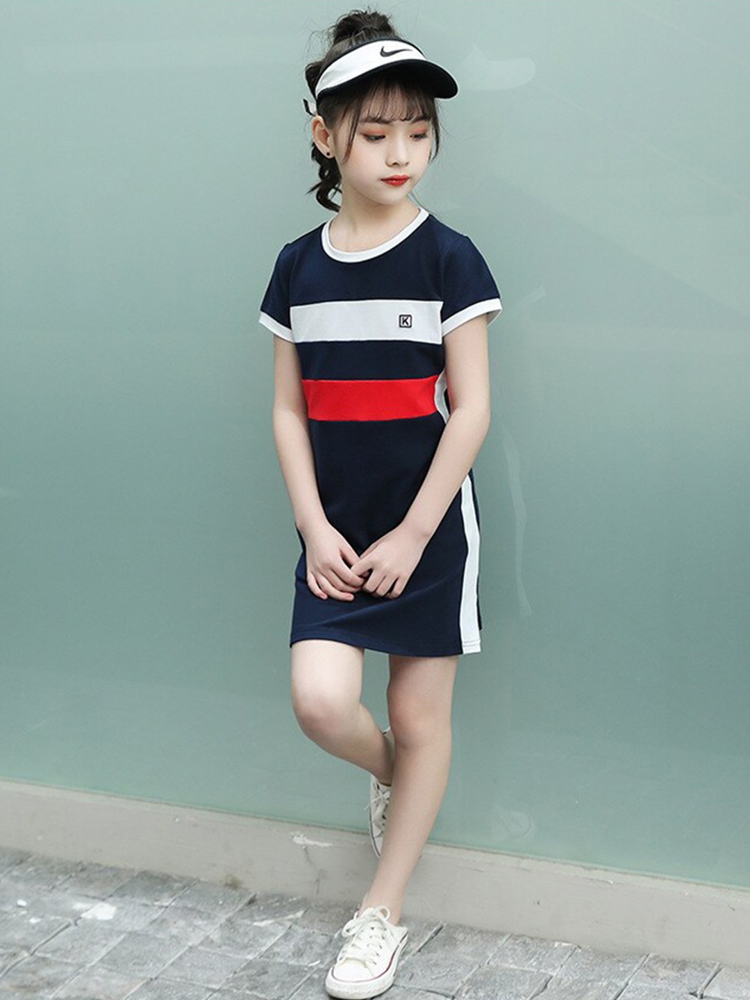 

StyleCast x Revolte Blue Round Neck Striped Cotton A-Line Dress