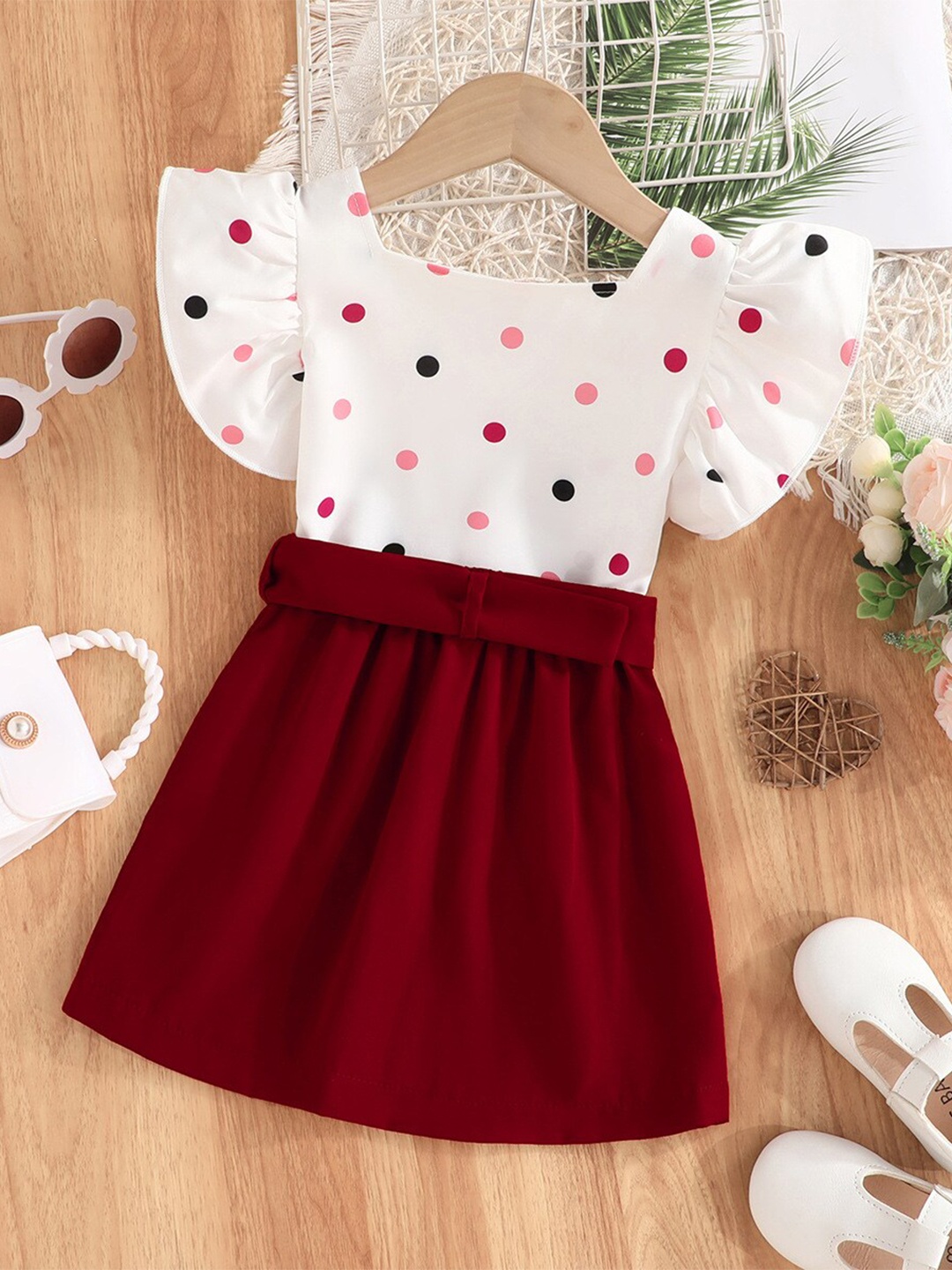 

StyleCast x Revolte Girls Red & White Square Neck Printed Top with Skirt