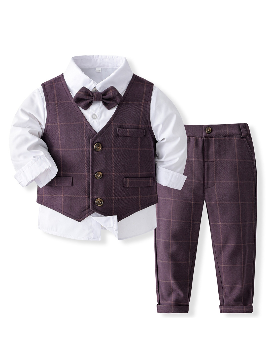 

StyleCast x Revolte Boys Checked Pure Cotton Three Piece Suit, Purple