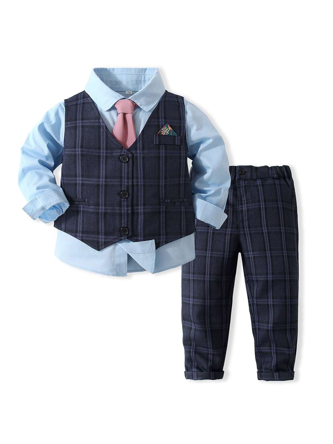 

StyleCast x Revolte Boys Checked Pure Cotton Three Piece Suit, Blue