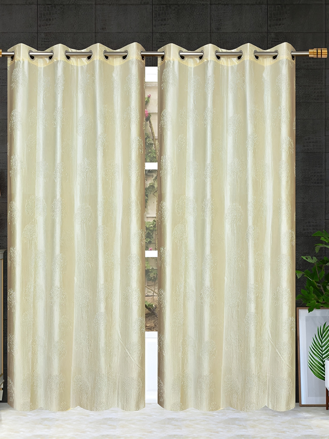 

RIDHAAN Cream-Coloured 2 Pieces Floral Textured Room Darkening Long Door Curtain