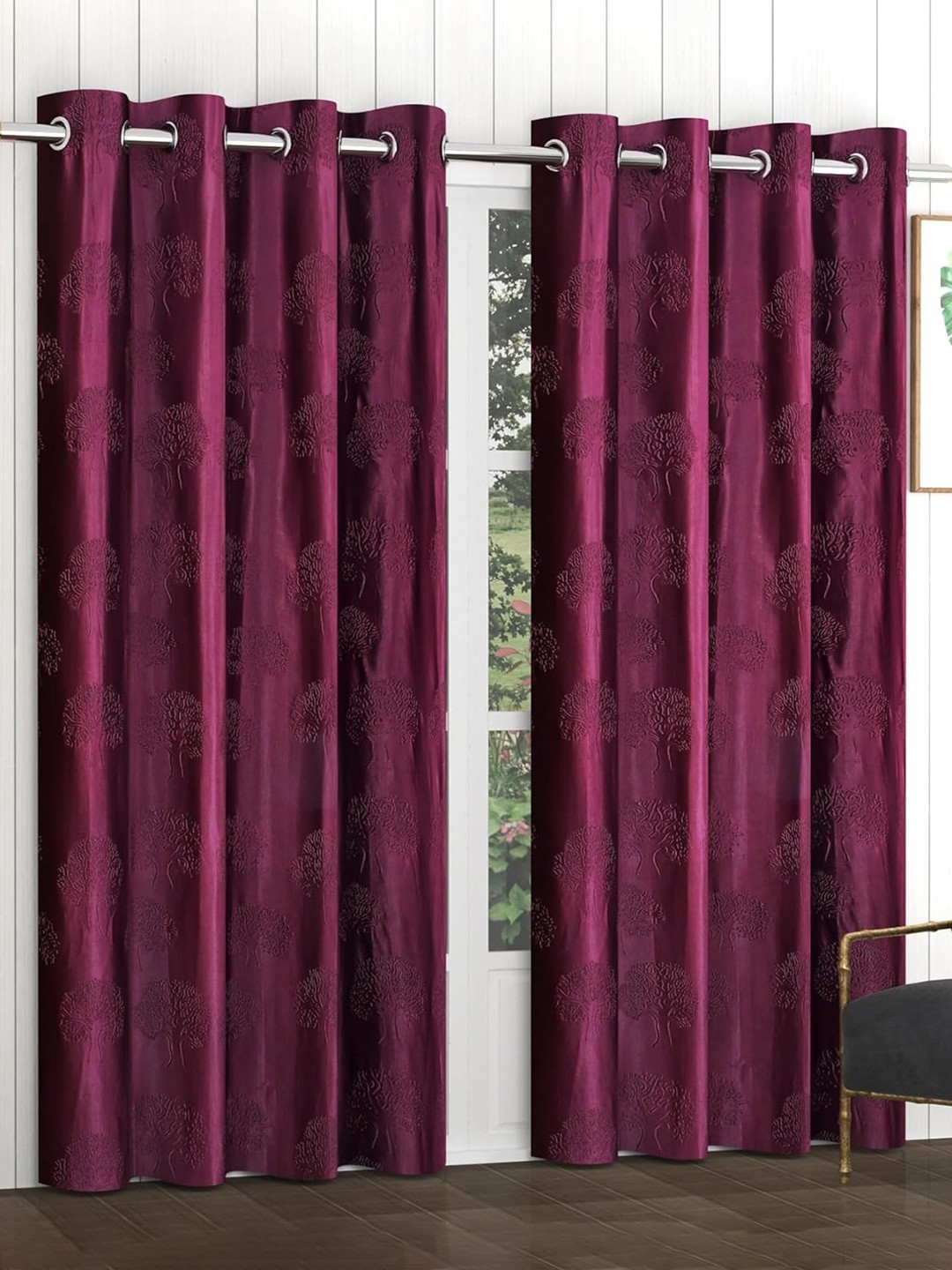 

RIDHAAN Burgundy 2 Pieces Floral Textured Room Darkening Door Curtain