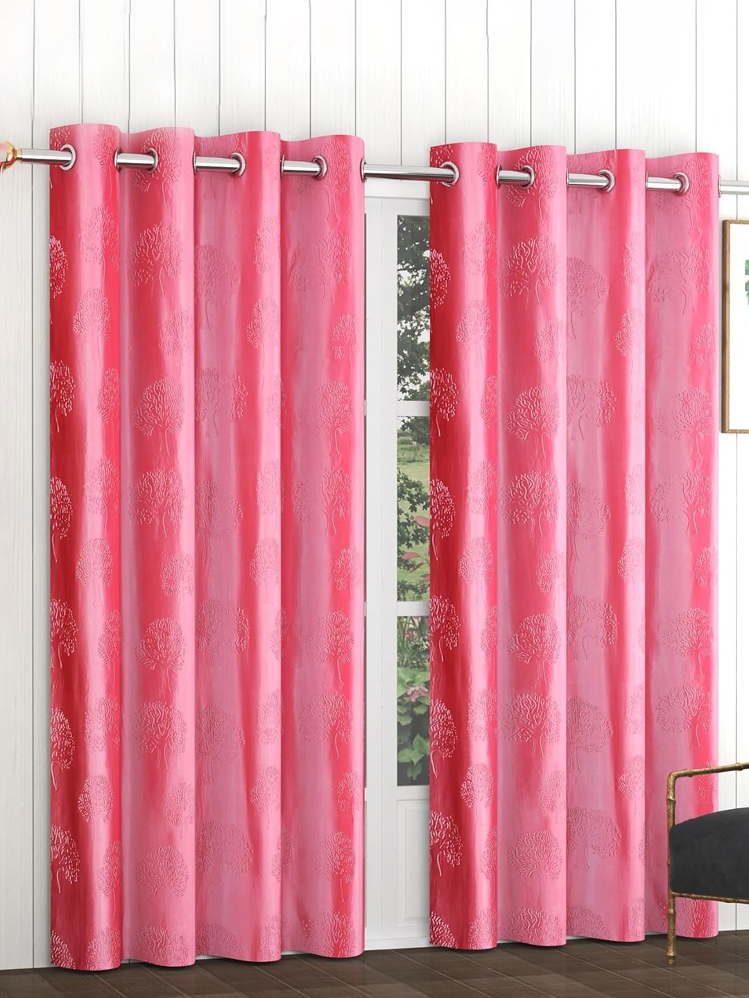 

RIDHAAN Pink 2 Pieces Floral Textured Room Darkening Door Curtain