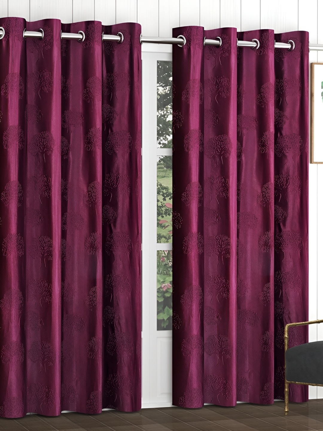 

RIDHAAN Purple 2 Pieces Floral Textured Room Darkening Window Curtains