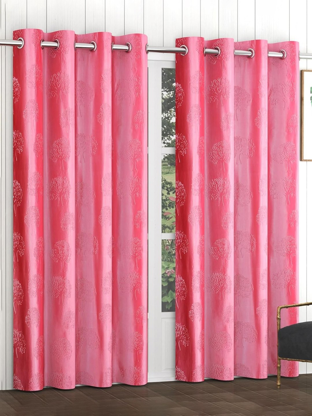 

RIDHAAN Pink 2 Pieces Floral Textured Room Darkening Window Curtain