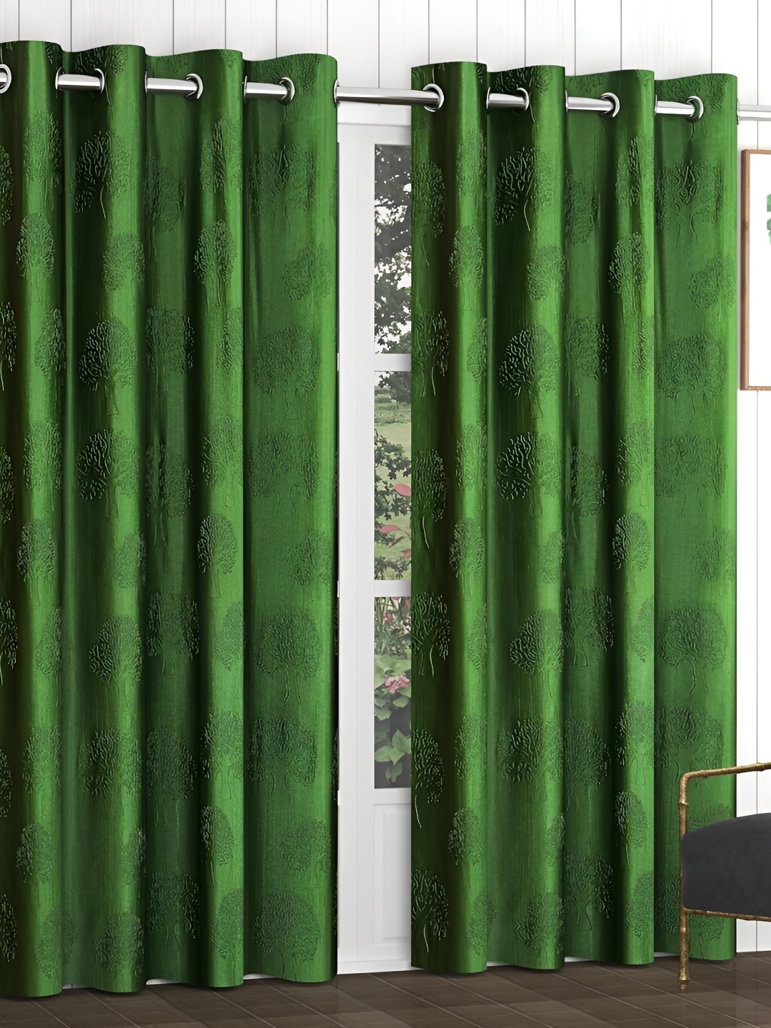 

RIDHAAN Green 2 Pieces Floral Textured Room Darkening Window Curtains
