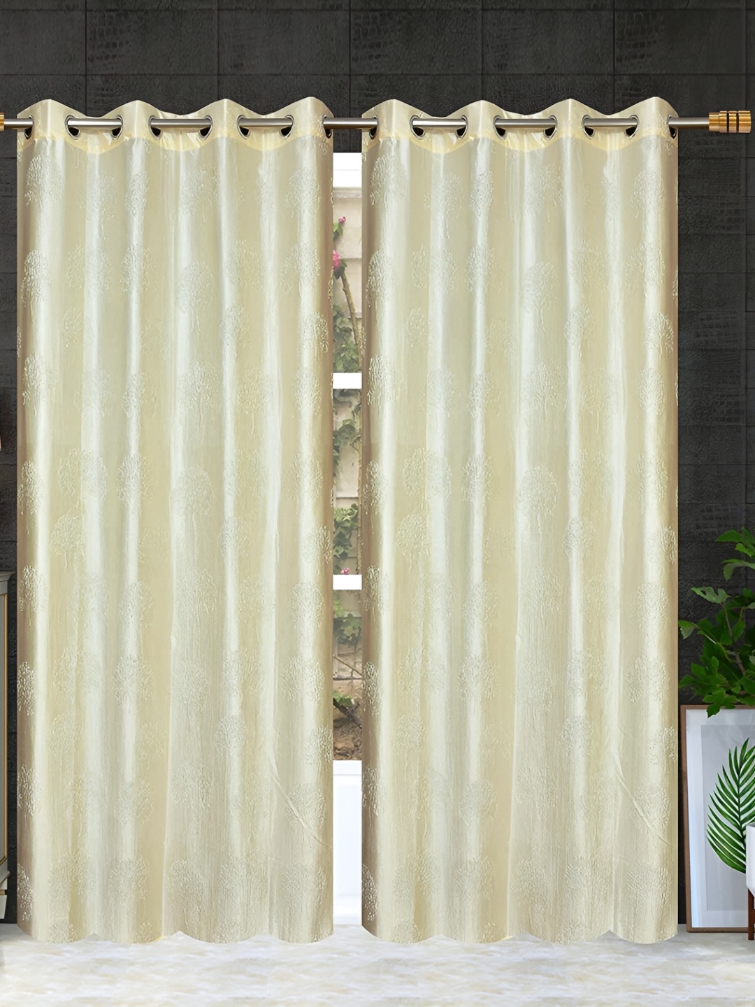 

RIDHAAN Cream-Coloured 2 Pieces Floral Textured Room Darkening Door Curtain