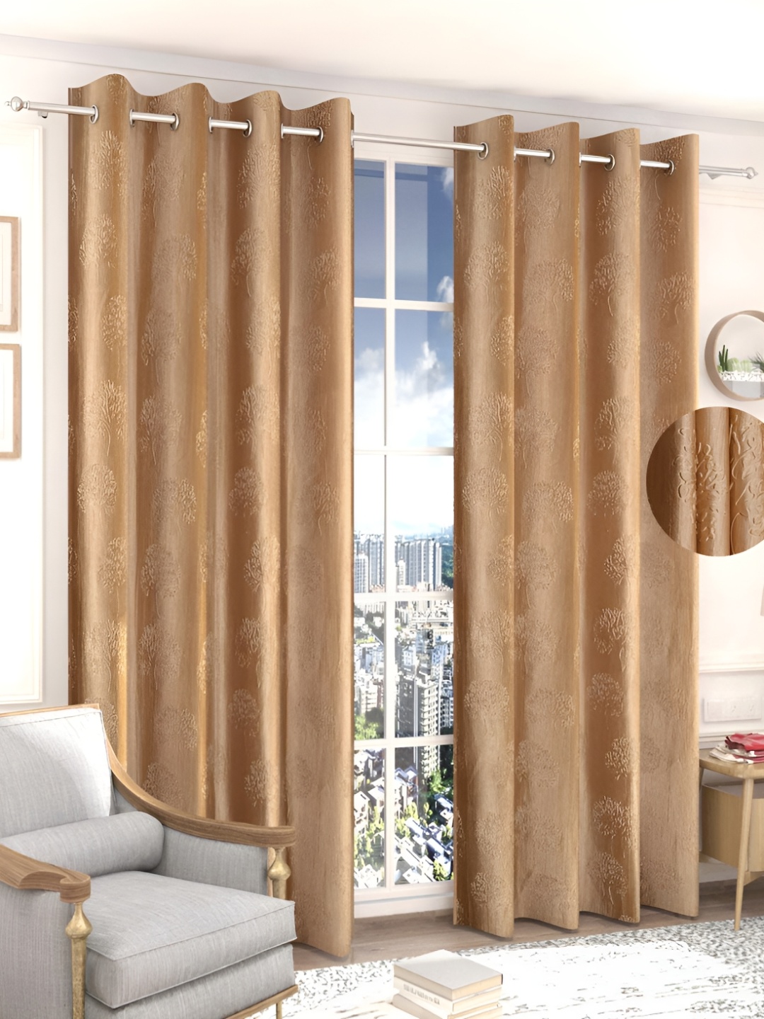 

RIDHAAN Gold-Toned 2 Pieces Floral Textured Room Darkening Door Curtains