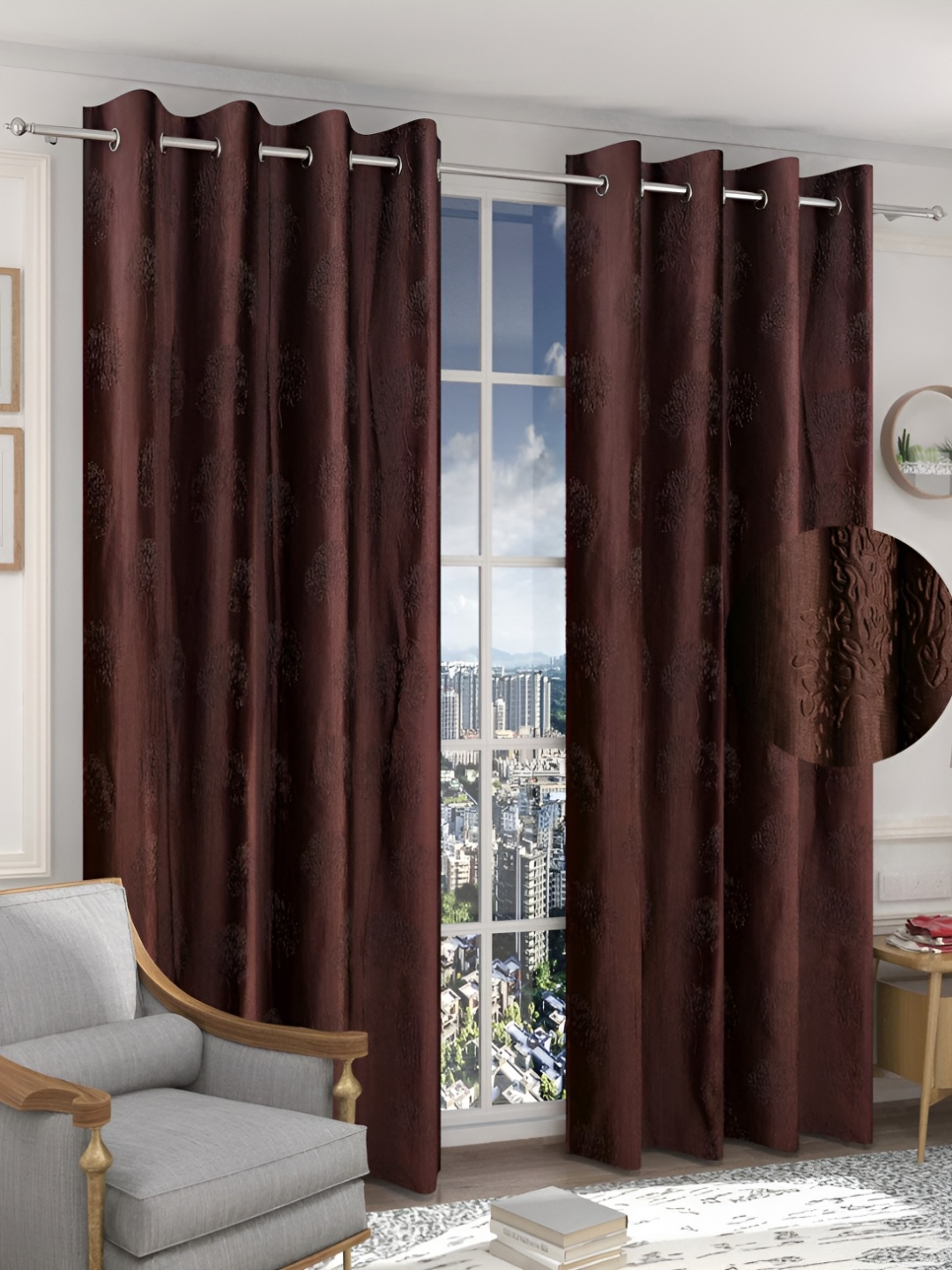 

RIDHAAN Brown 2 Pieces Floral Textured Room Darkening Window Curtain