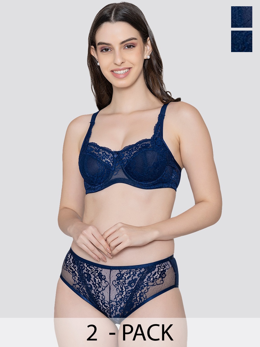 

K LINGERIE Pack of 2 Brassica Underwired Cups Embroidered Lace Bra Panty Set, Blue