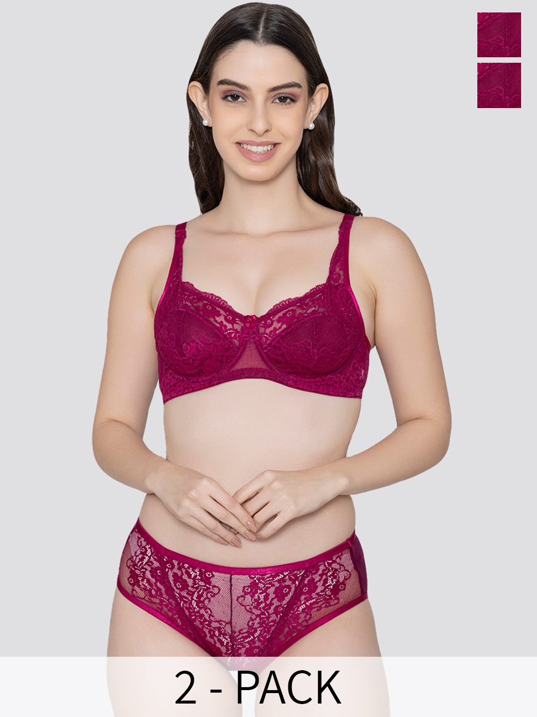 

K LINGERIE Pack of 2 Brassica Underwired Cups Embroidered Lace Bra Panty Set, Burgundy