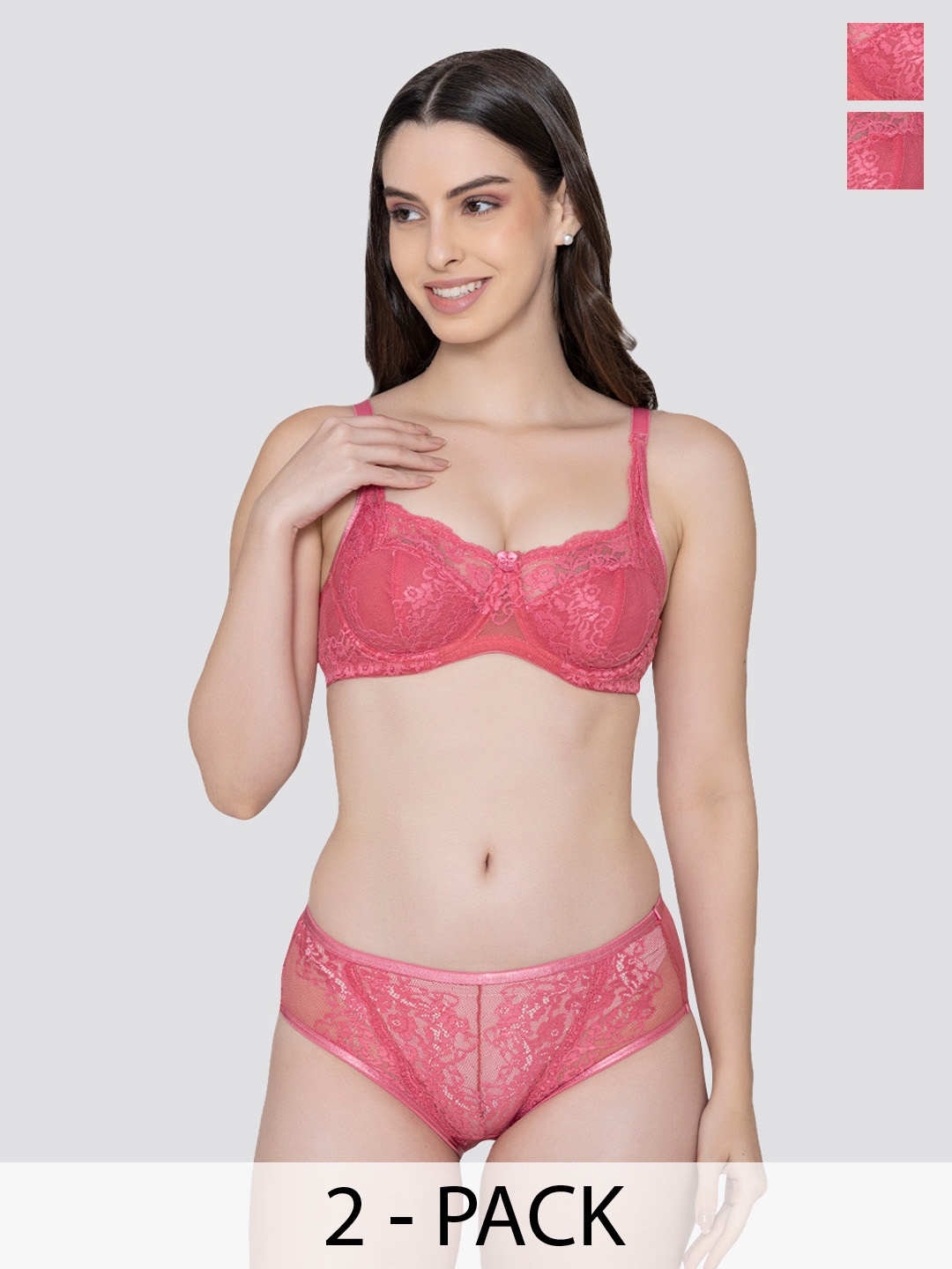 

K LINGERIE Pack of 2 Brassica Underwired Cups Embroidered Lace Bra Panty Set, Pink