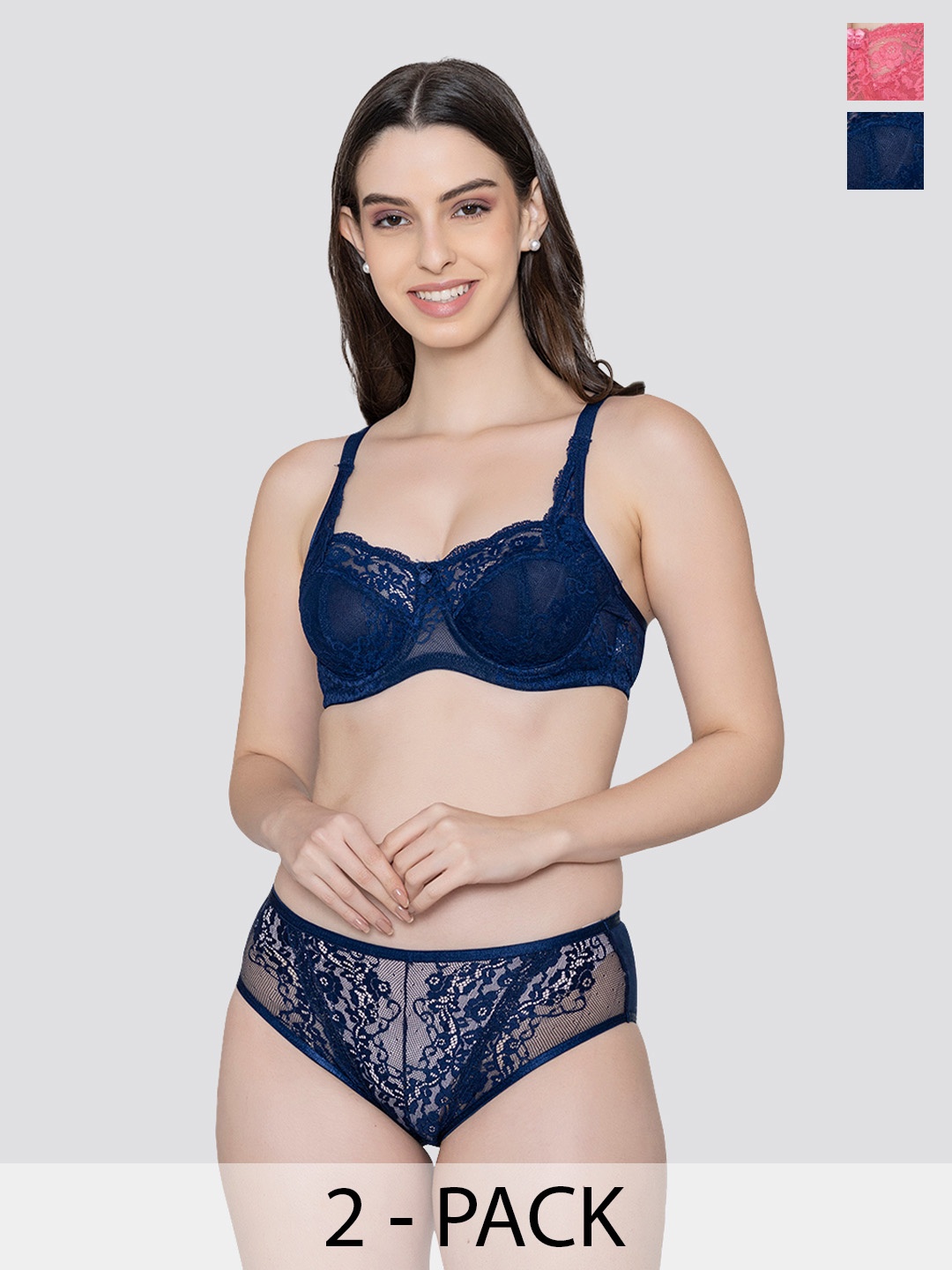 

K LINGERIE Pack of 2 Brassica Underwired Cups Embroidered Lace Bra Panty Set, Blue