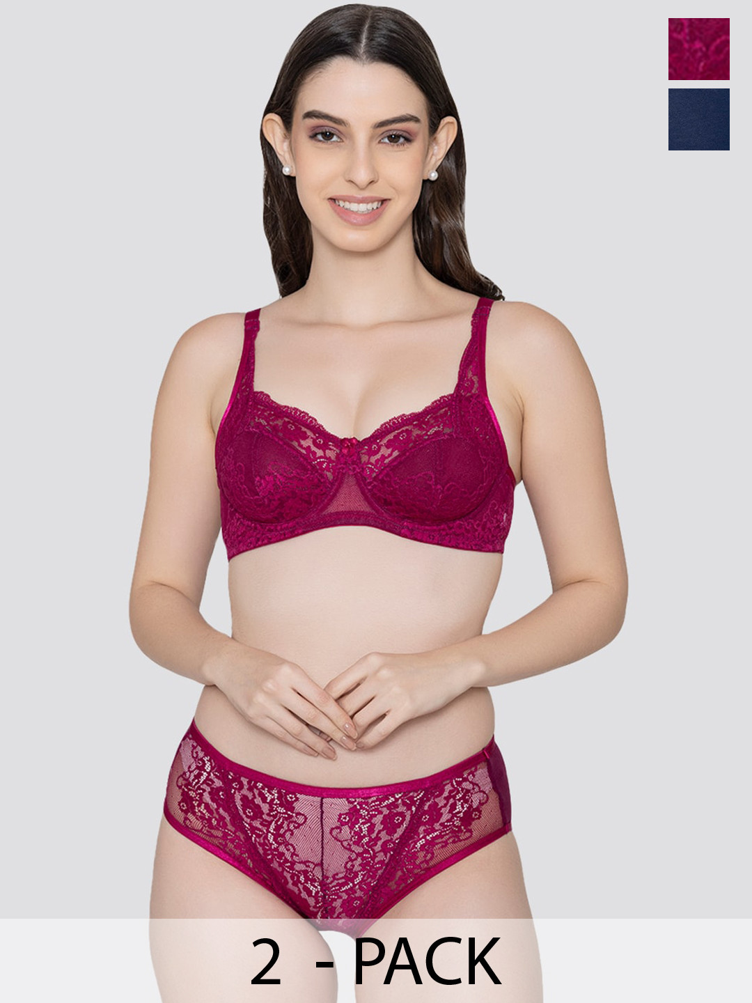 

K LINGERIE Pack of 2 Brassica Underwired Cups Embroidered Lace Bra Panty Set, Burgundy
