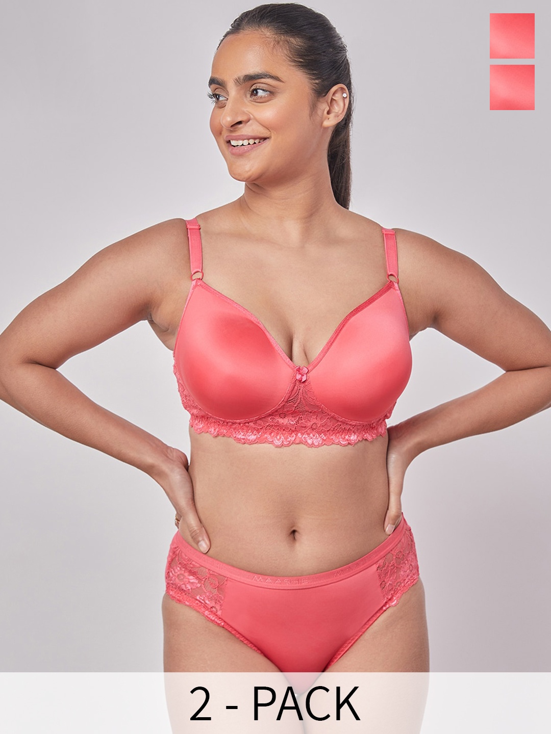 

MAASHIE Pack of 2 Non Padded Fancy Lace Lingerie Set HP-HP, Pink