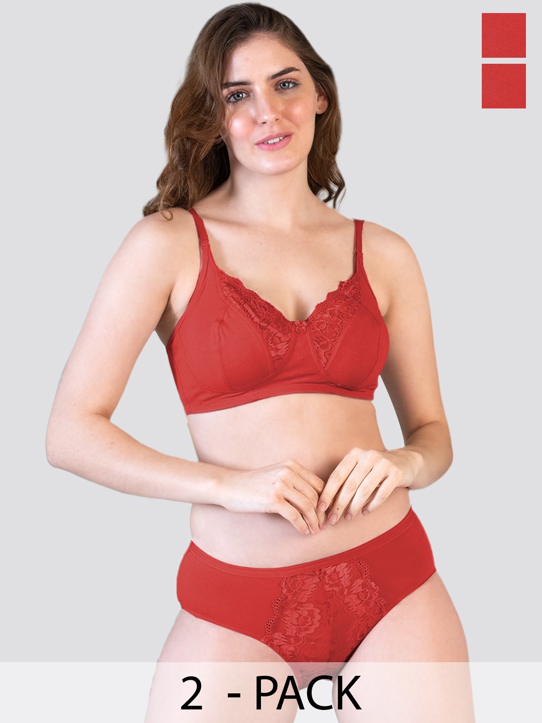 

K LINGERIE Pack of 2 Malini Wirefree Comfort Lace Detailing Lingerie Set, Red