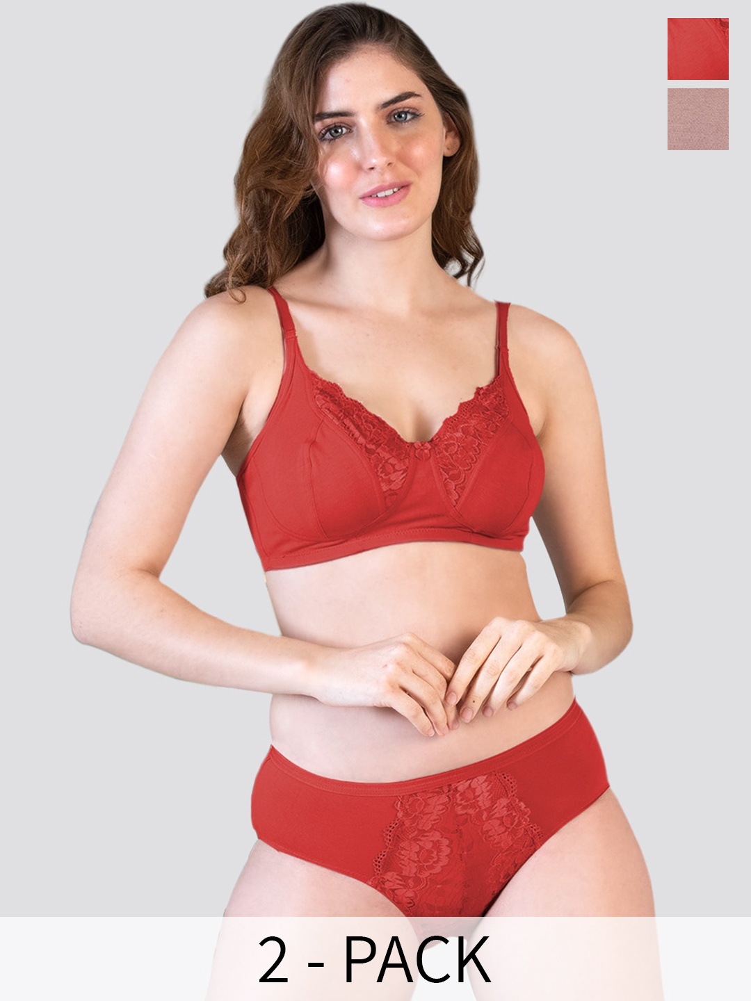 

K LINGERIE Pack of 2 Malini Wirefree Comfort Lace Detailing Lingerie Set, Red