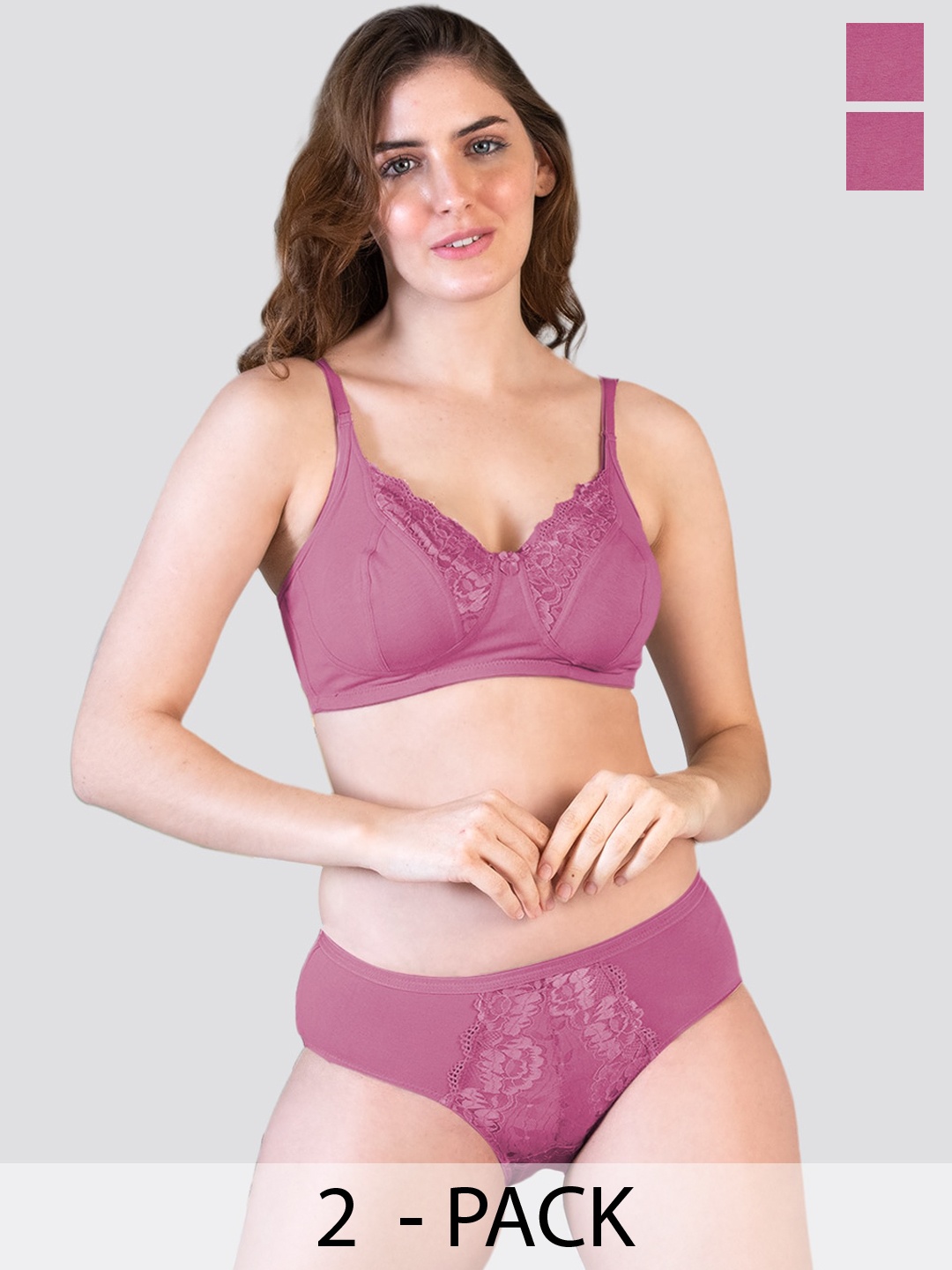 

K LINGERIE Pack of 2 Malini Wirefree Comfort Lace Detailing Lingerie Set, Pink