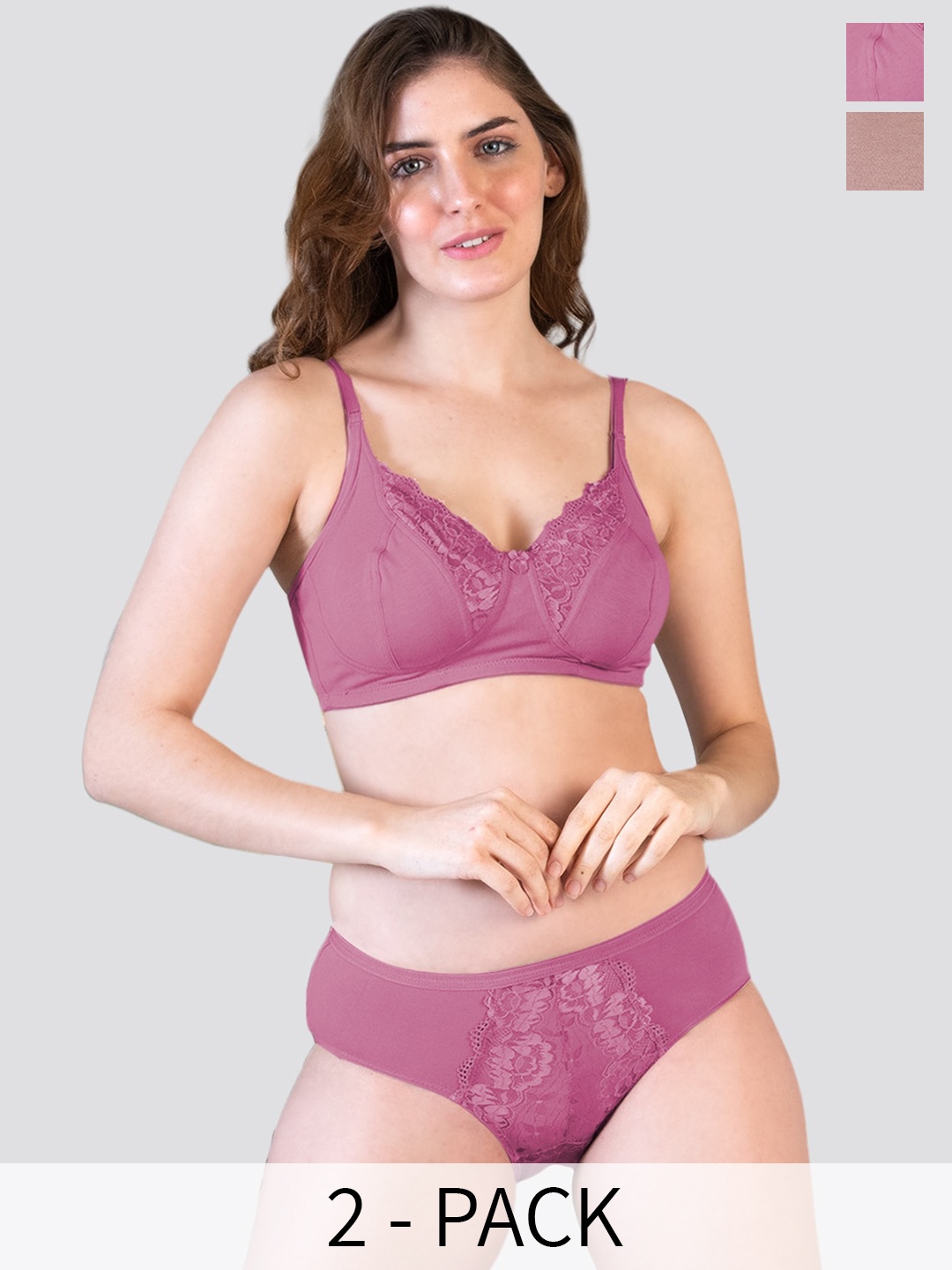 

K LINGERIE Pack of 2 Malini Wirefree Comfort Lace Detailing Lingerie Set, Pink