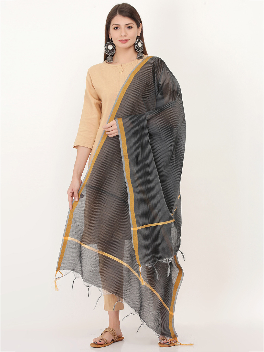 

Livvie Striped Cotton Silk Dupatta, Black