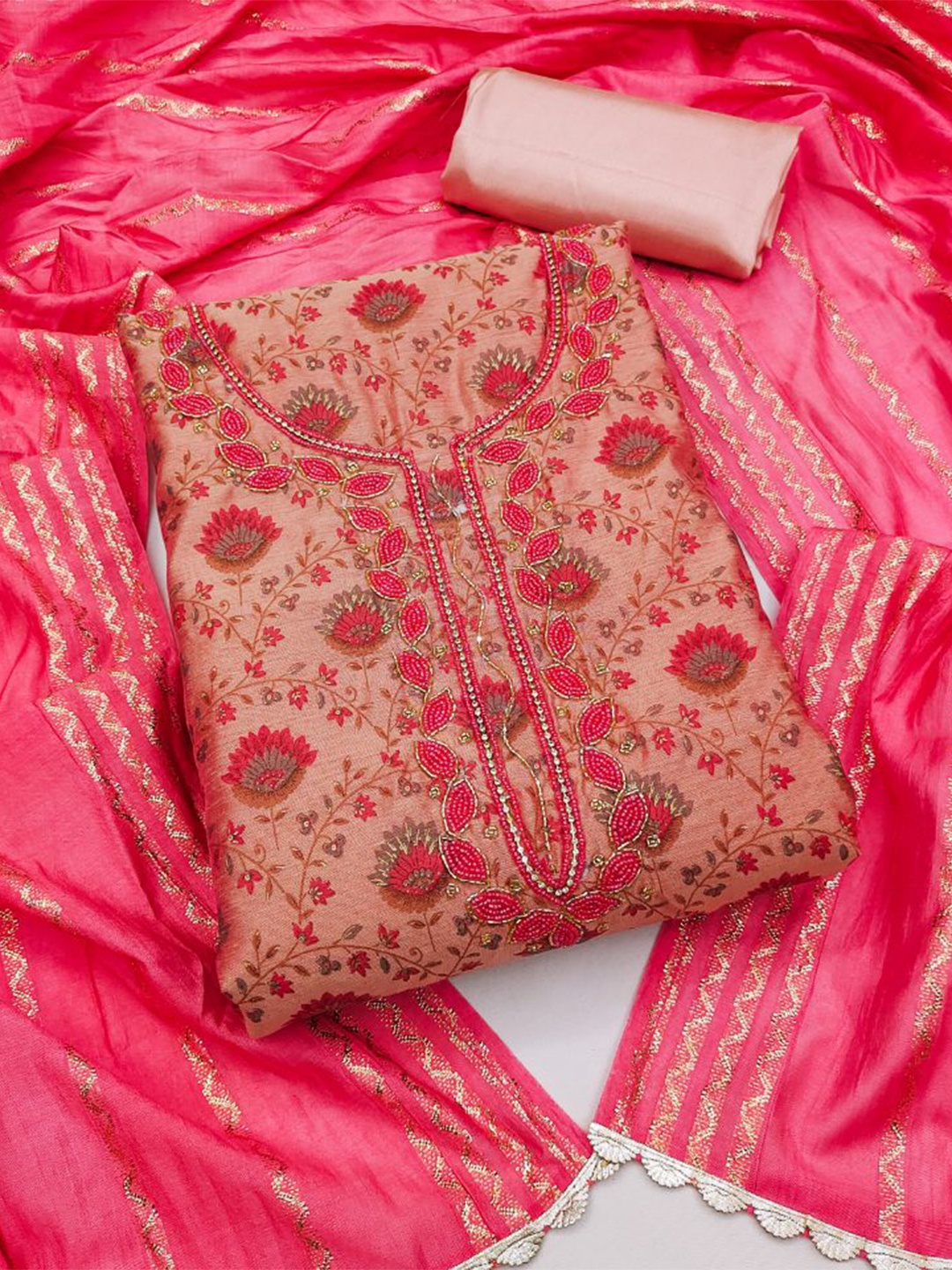 

MAHALASA Embroidered Pure Cotton Unstitched Dress Material, Peach