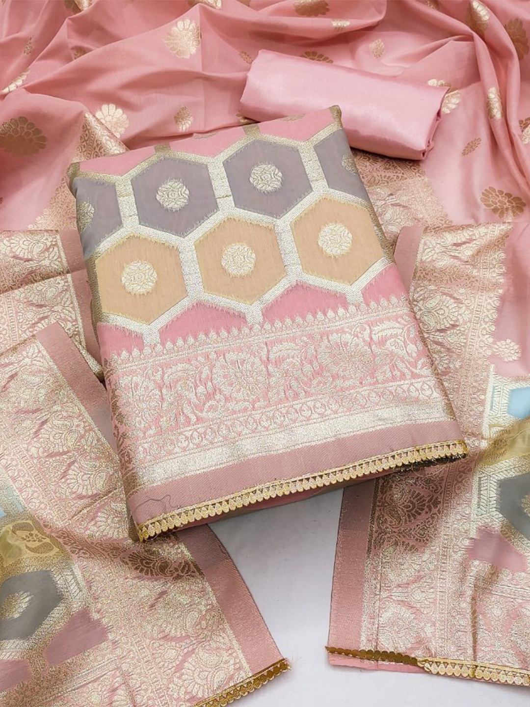 

MAHALASA Geometric Printed Pure Cotton Unstitched Dress Material, Pink