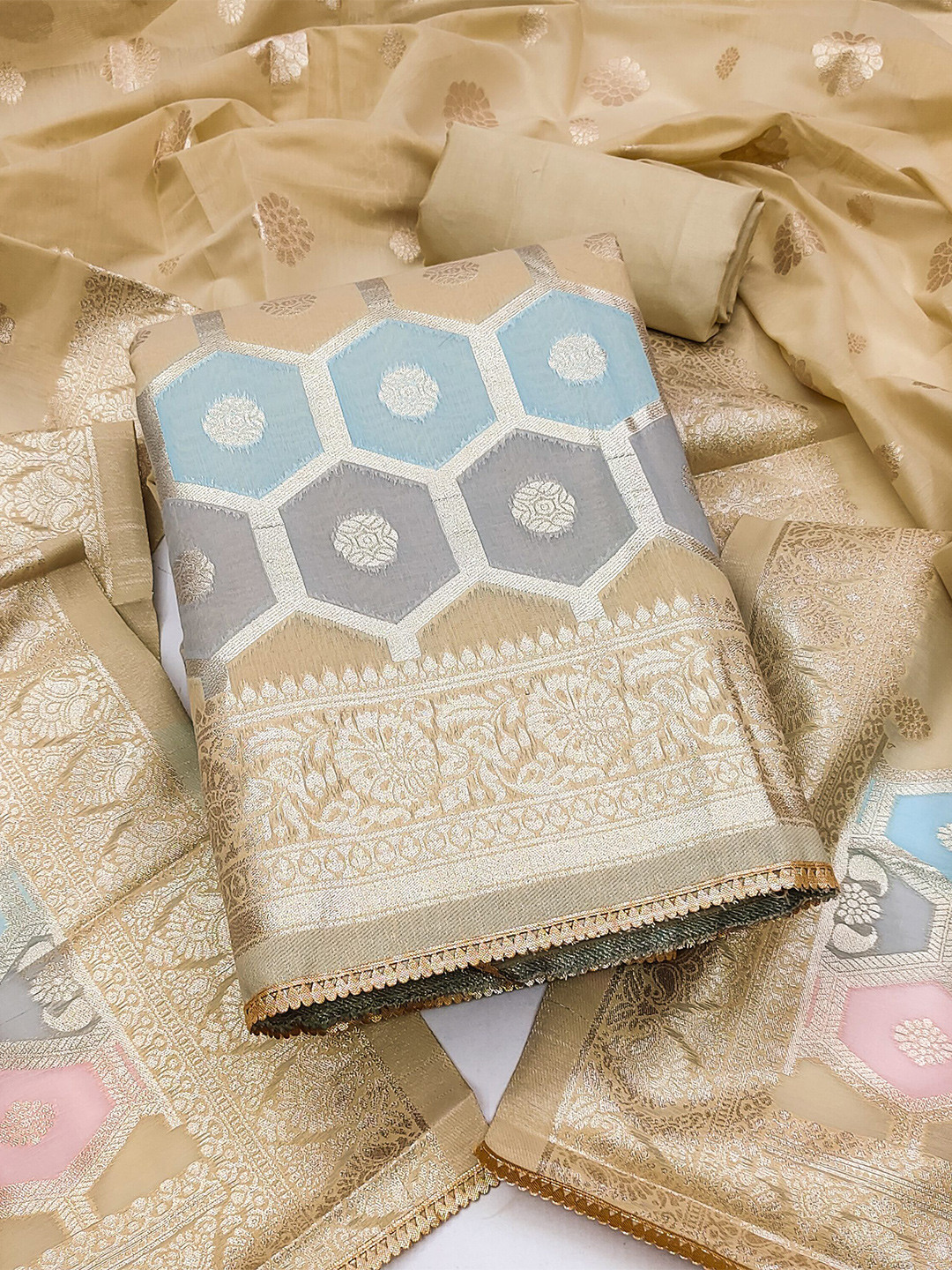 

MAHALASA Ethnic Motifs Woven Design Pure Cotton Unstitched Dress Material, Cream
