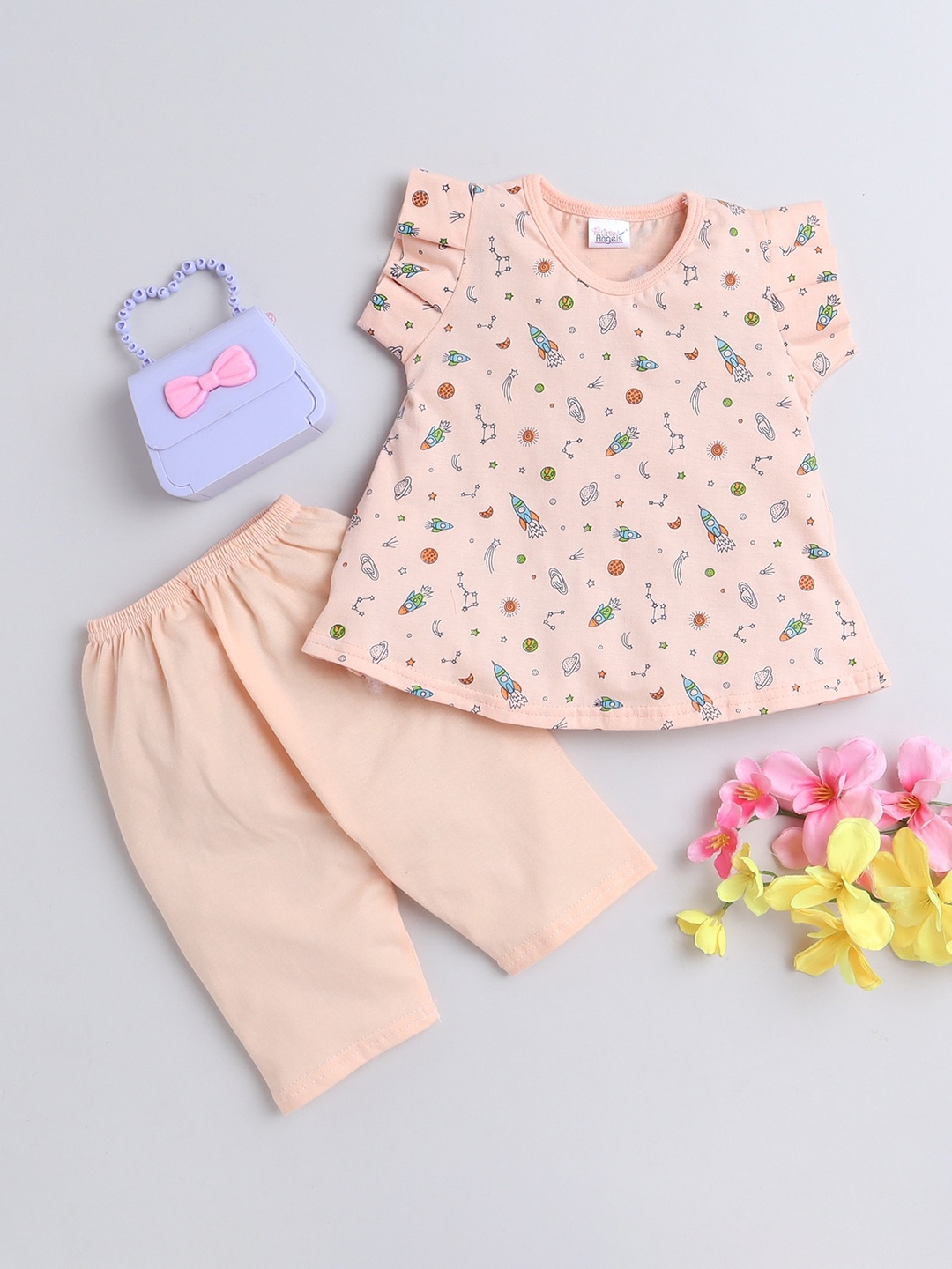 

Little Angels Girls Printed Cotton Top & Capri, Peach