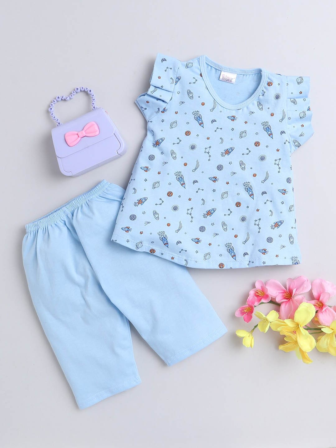 

Little Angels Girls Printed Cotton Top & Capri Clothing Set, Blue