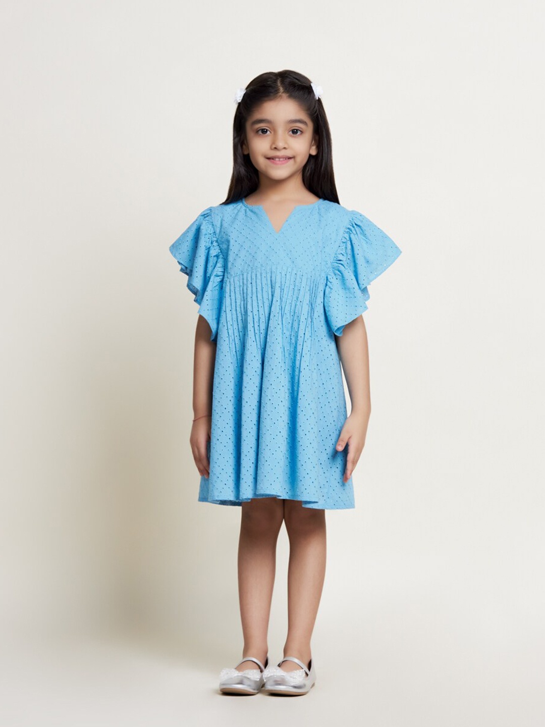 

The Tribe Kids Girls Schiffli Embroidered Knee Length Notch Neck Pure Cotton A-Line Dress, Blue