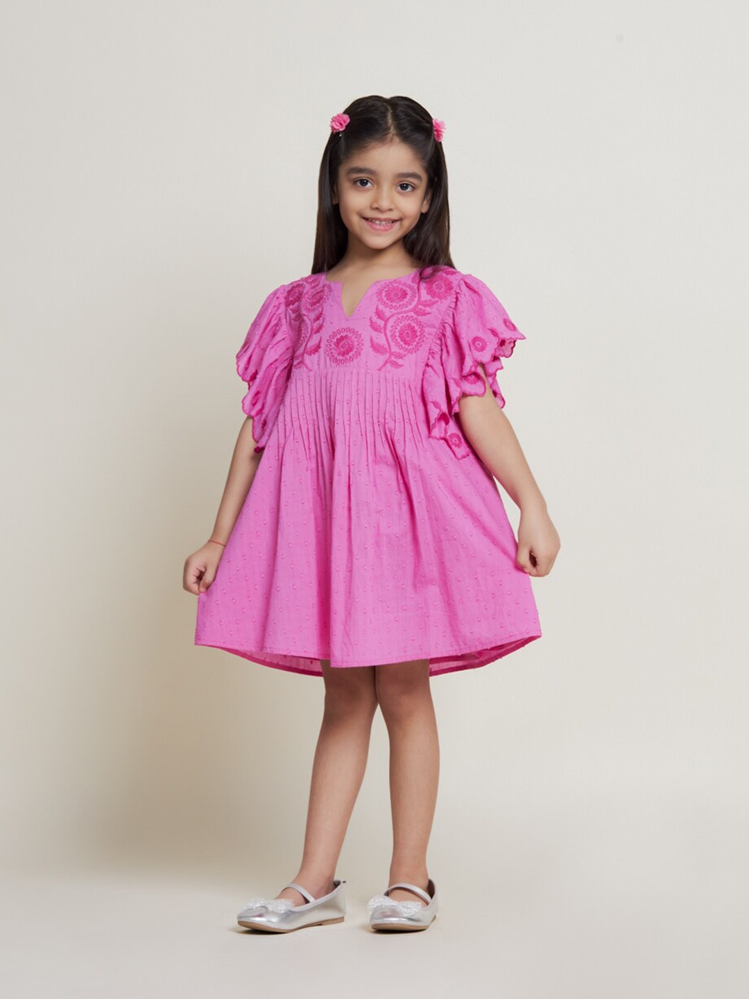 

The Tribe Kids Girls Embroidered Notch Neck Knee Length Pure Cotton A-Line Dress, Pink