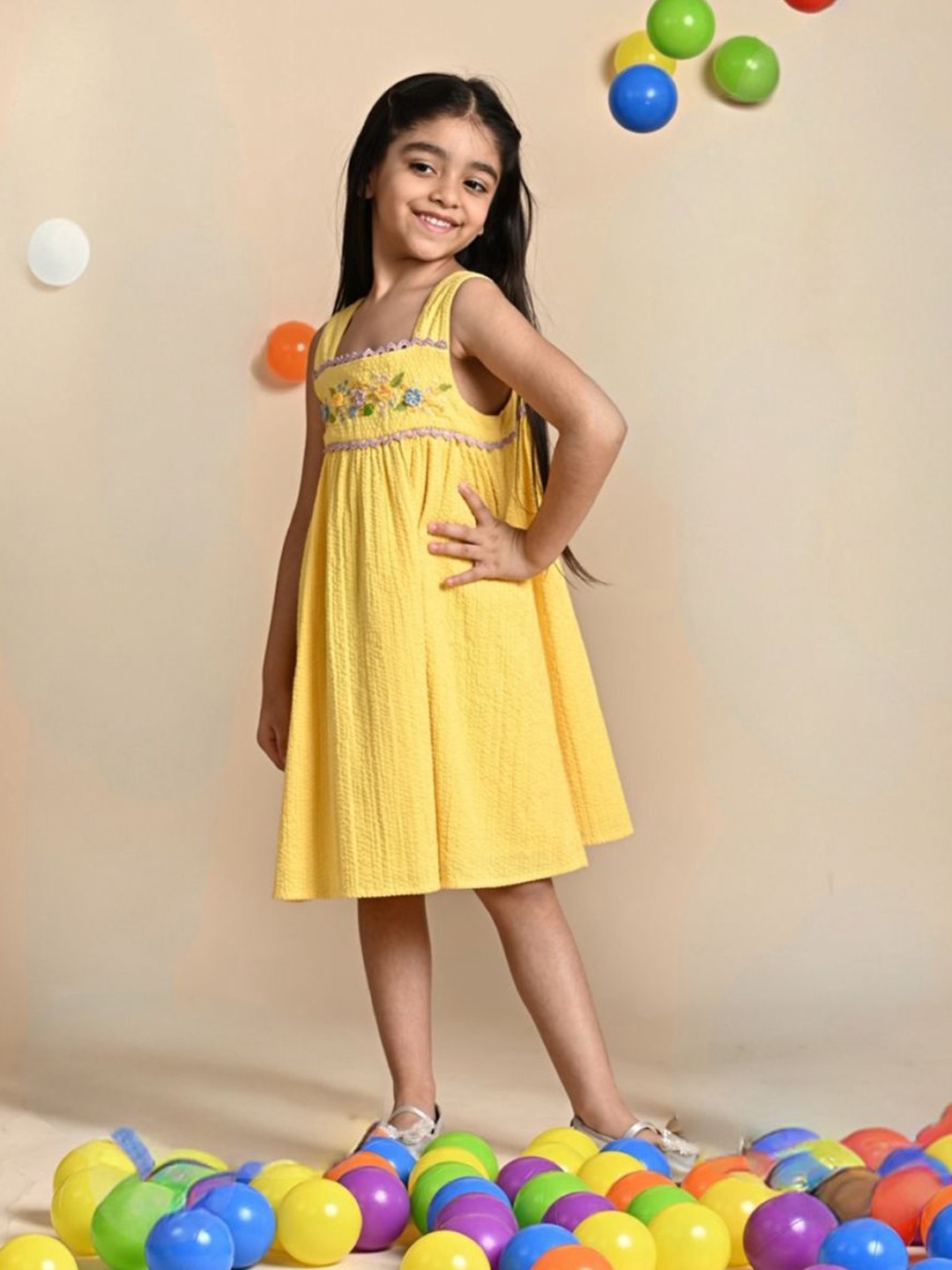 

The Tribe Kids Girls Embroidered Shoulder Straps Knee Length Pure Cotton A-Line Dress, Yellow