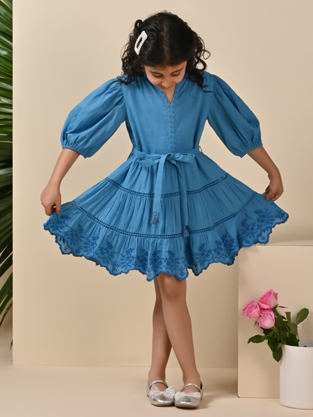 

The Tribe Kids Girls Embroidered Round Neck Knee Length Fit & Flare Casual Dress, Blue