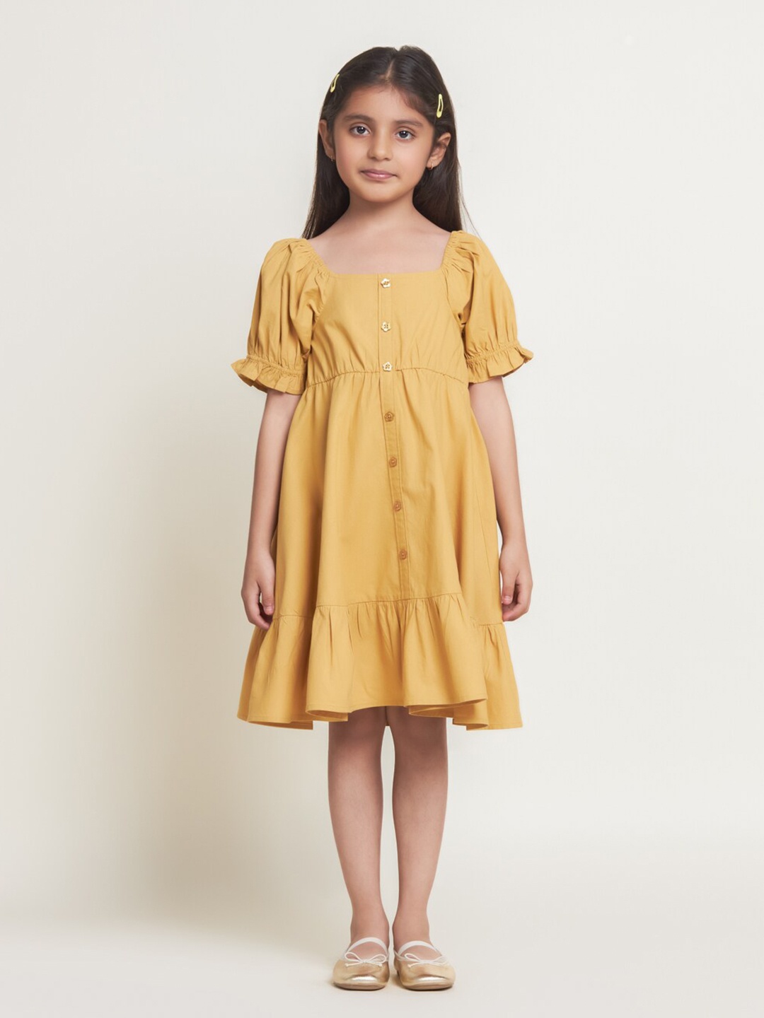 

The Tribe Kids Girls Puff Sleeve Square Neck Fit and Flare Dress, Yellow