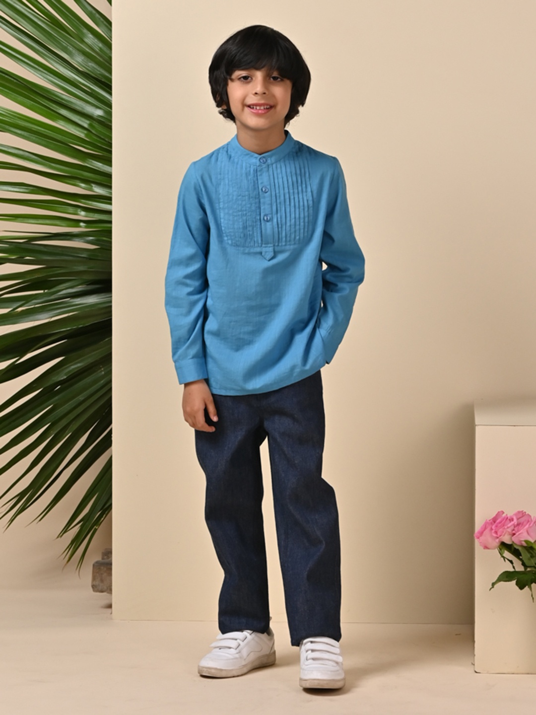 

The Tribe Kids Mandarin Collar Long Sleeves Cotton Casual Shirt, Blue