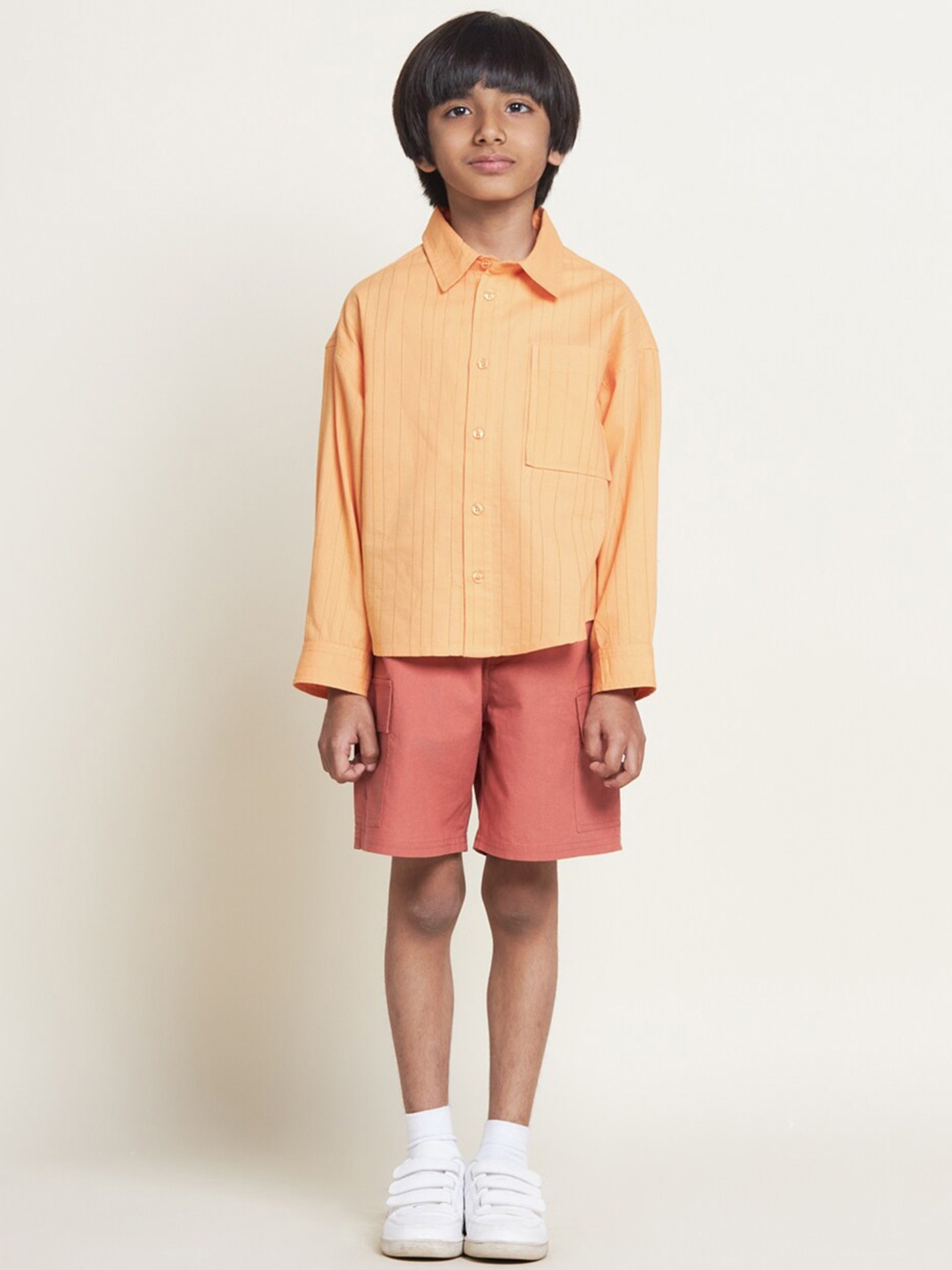 

The Tribe Kids Boys Oversized Vertical Stripes Opaque Cotton Casual Shirt, Peach