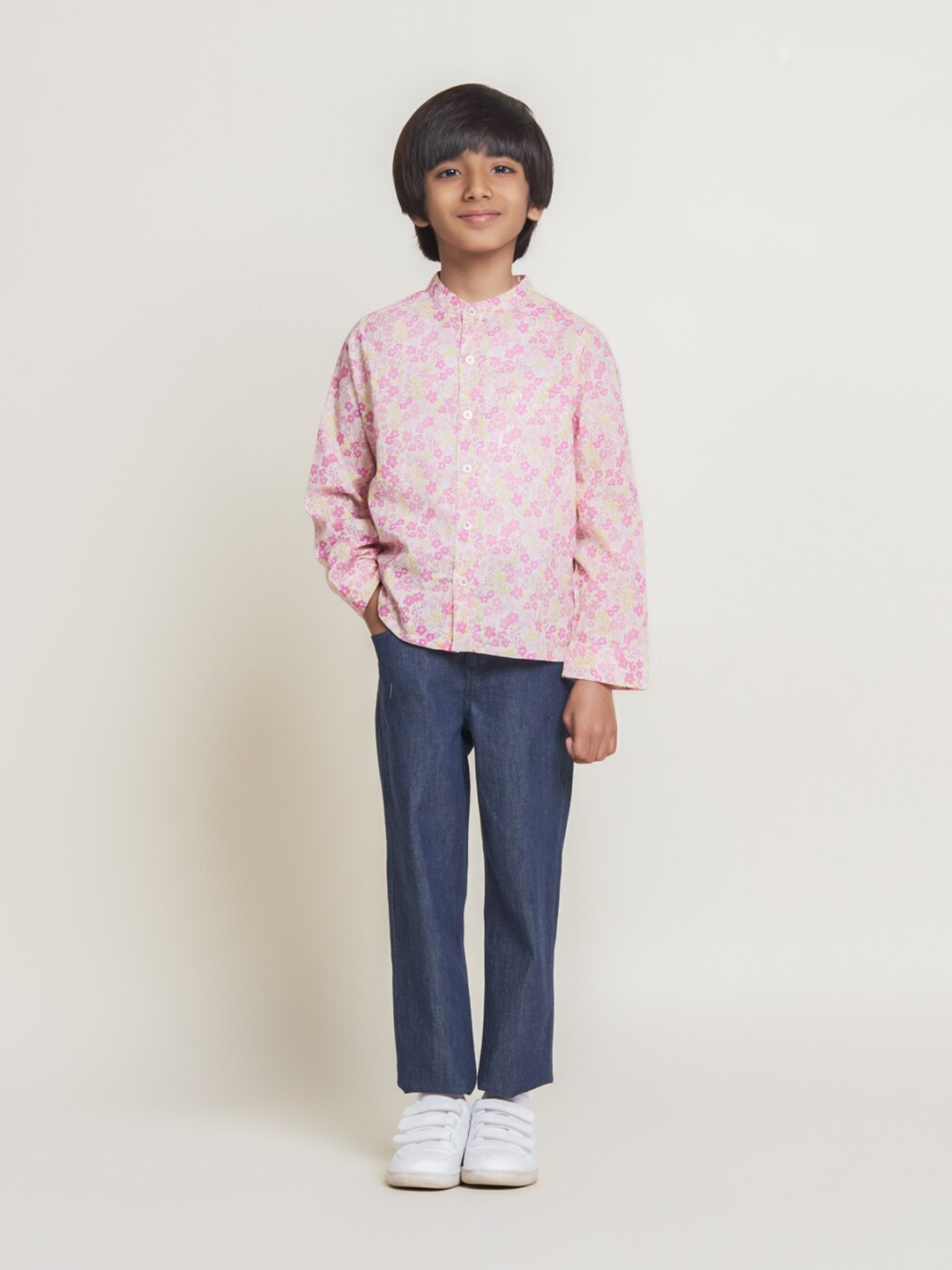 

The Tribe Kids Boys Floral Printed Mandarin Collar Long Sleeves Cotton Casual Shirt, Pink