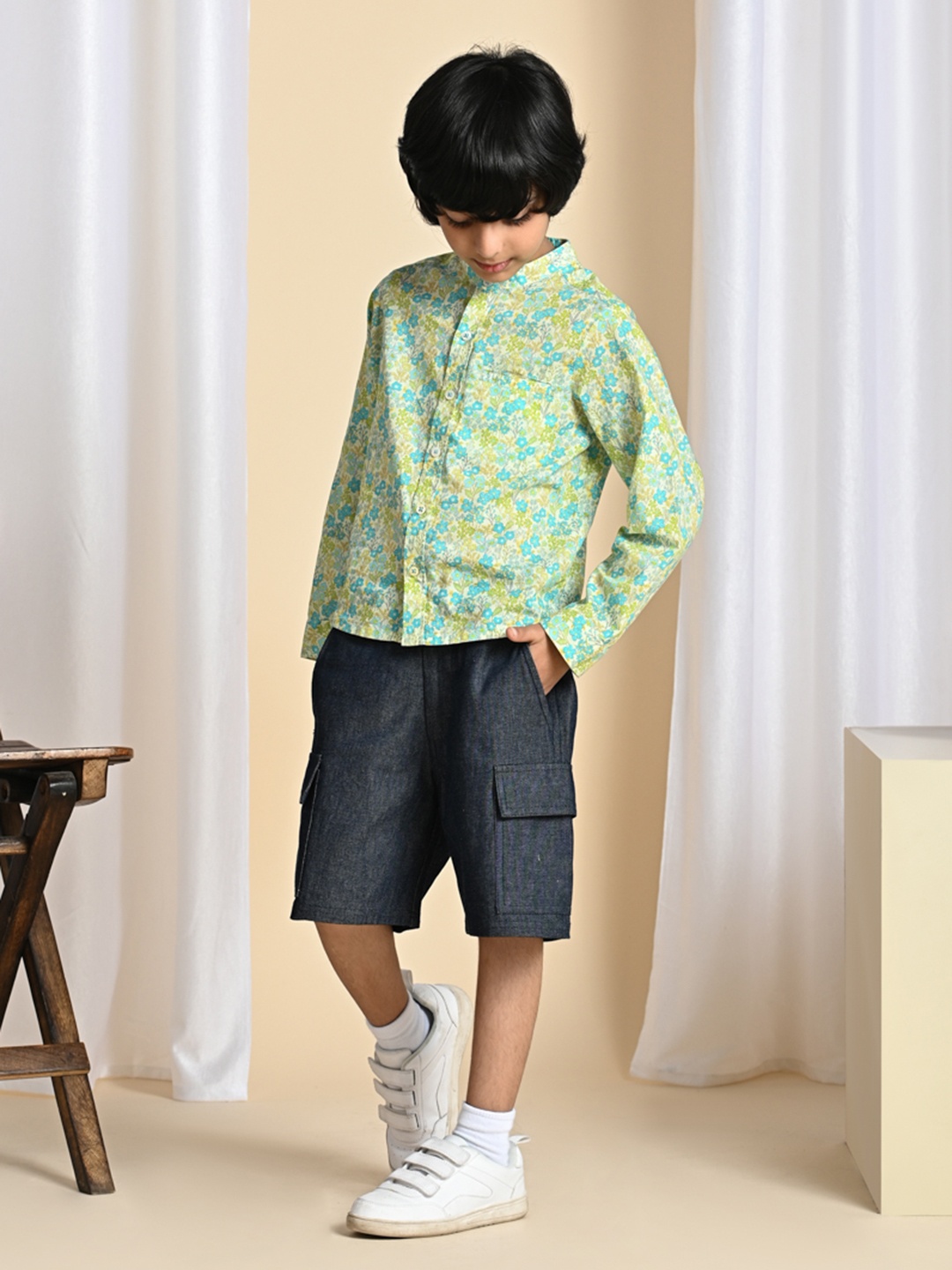 

The Tribe Kids Boys Floral Printed Mandarin Collar Long Sleeves Cotton Casual Shirt, Green