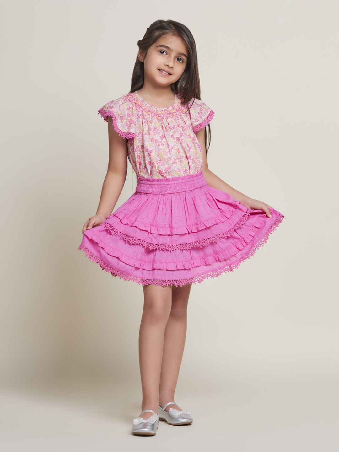 

The Tribe Girls Self-Design Pure Cotton Tiered Above-Knee Flared Skirt, Pink