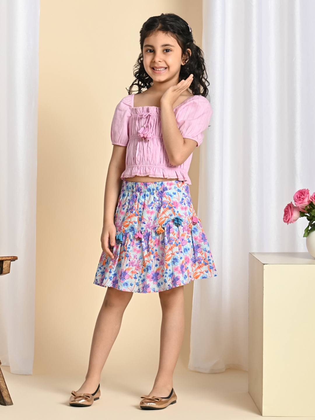 

The Tribe Kids Girls Floral Printed Pure Cotton Fit & Flare Skirt, White