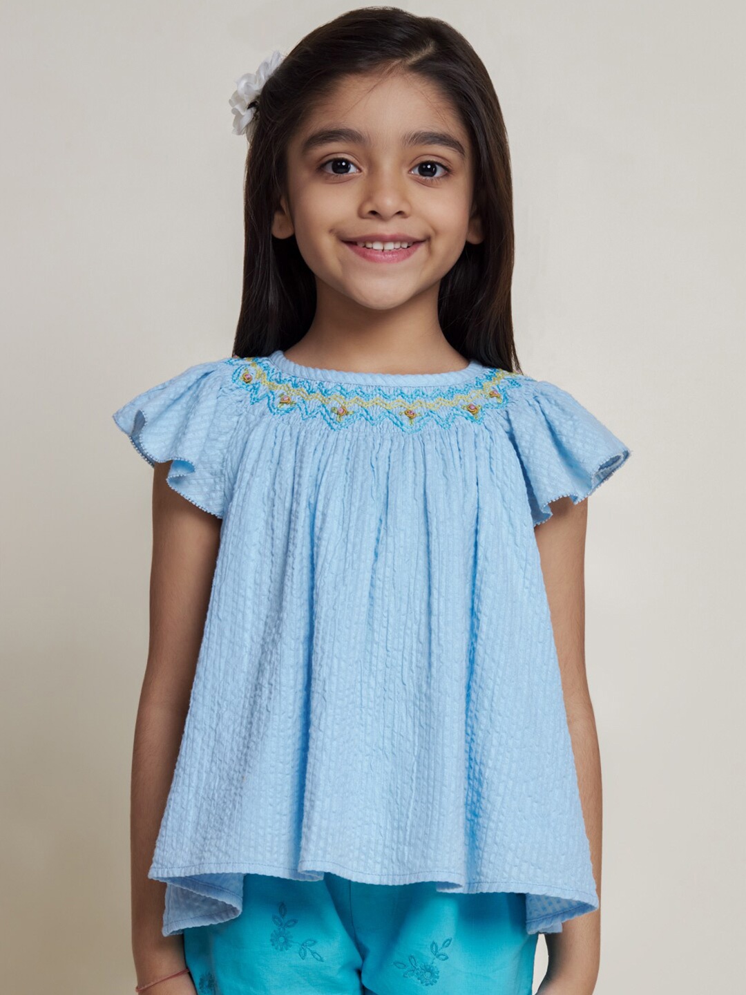 

The Tribe Kids Girls Round Neck Sleeveless Embroidered Casual Top, Blue
